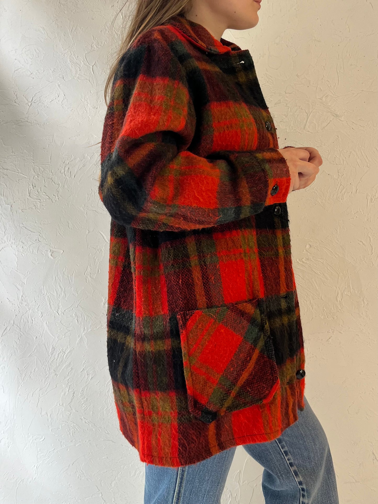 Vintage Red Plaid Knit Jacket / Medium