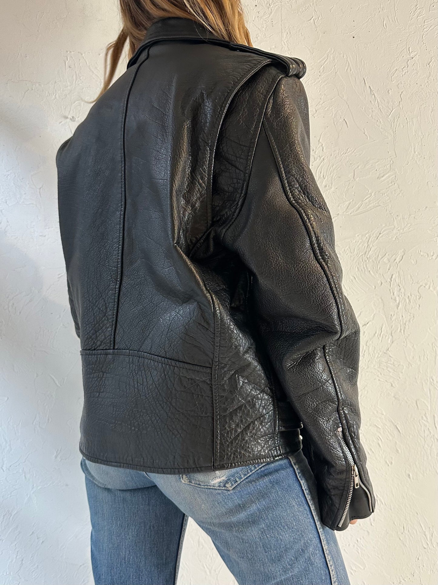 90s Black Heavy Duty Leather Moto Jacket / Large