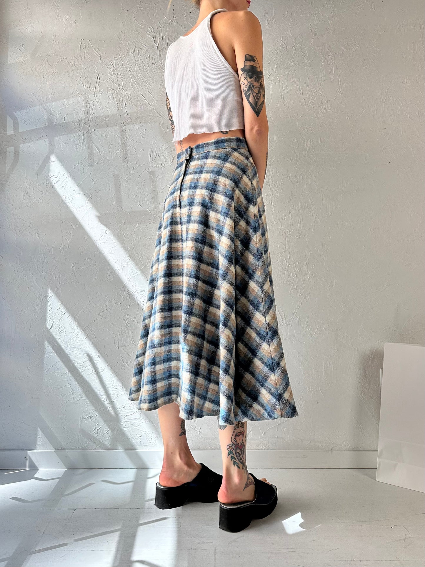 70s Blue Plaid Knit Midi Skirt / Small