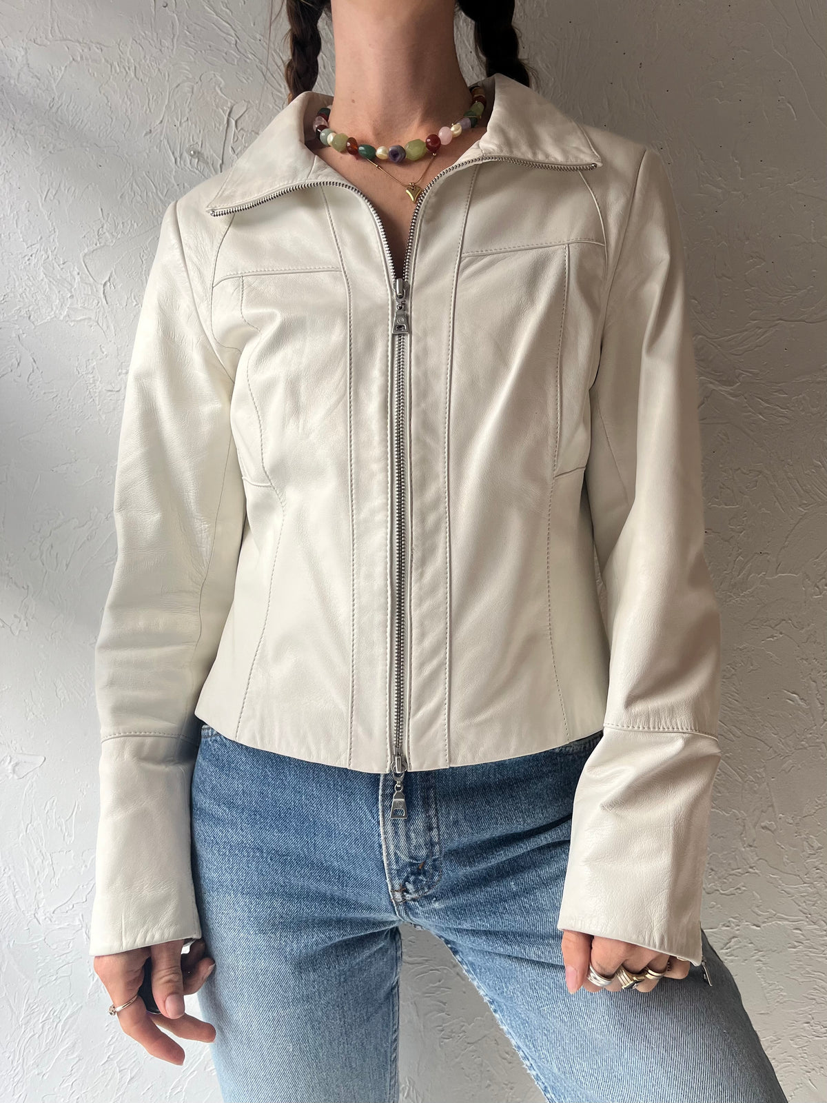 Y2K 'Danier' White Leather Retro Moto Minimalist Streetwear Jacket / Small