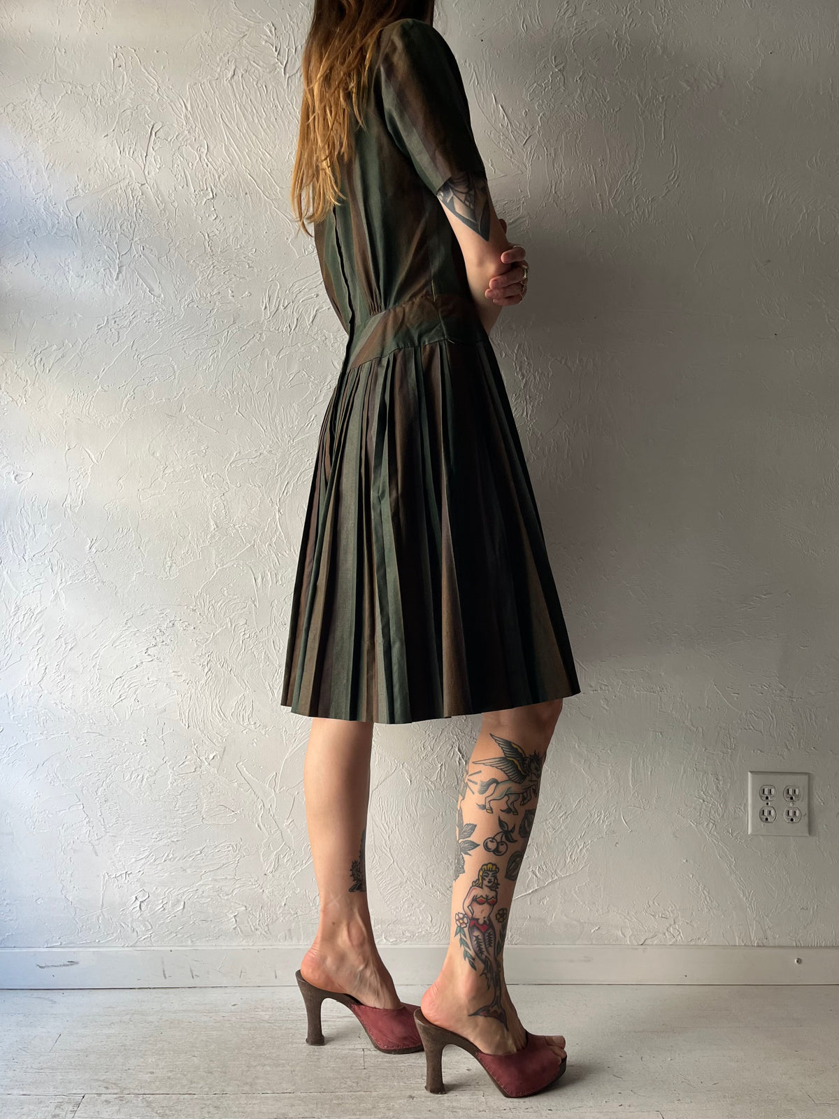 70s 'Loch' Green Striped Retro Midi Dress / Small
