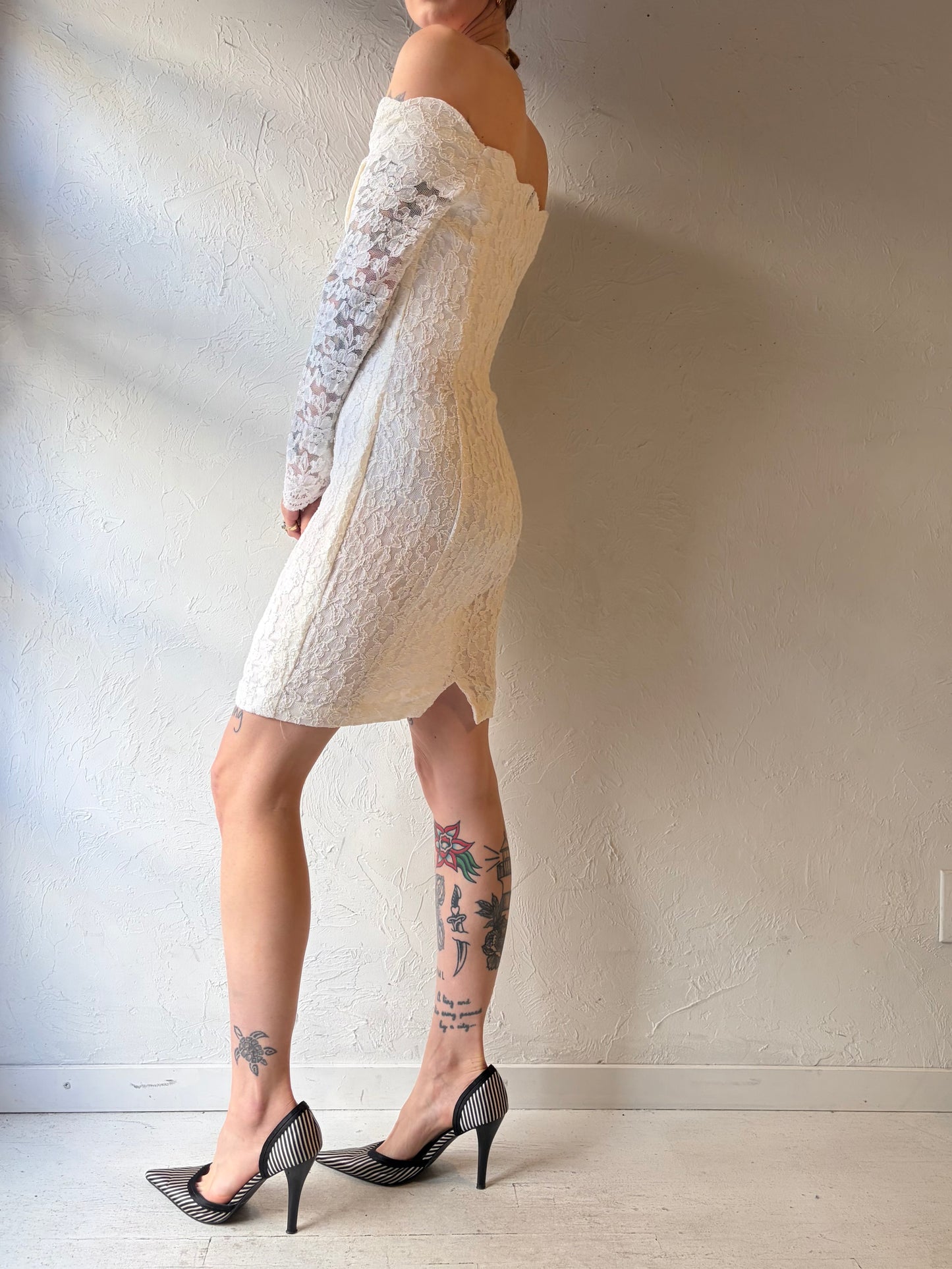 90s 'Onno' White Lace Mini Dress / Small