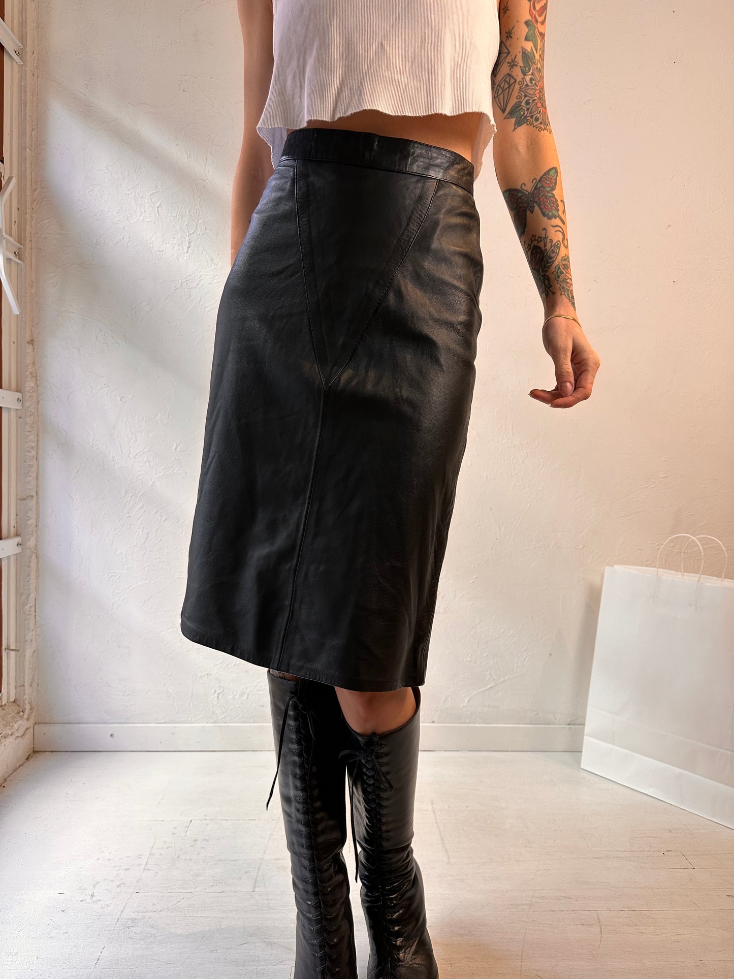 Vintage Handmade Black Leather Pencil Skirt / Small