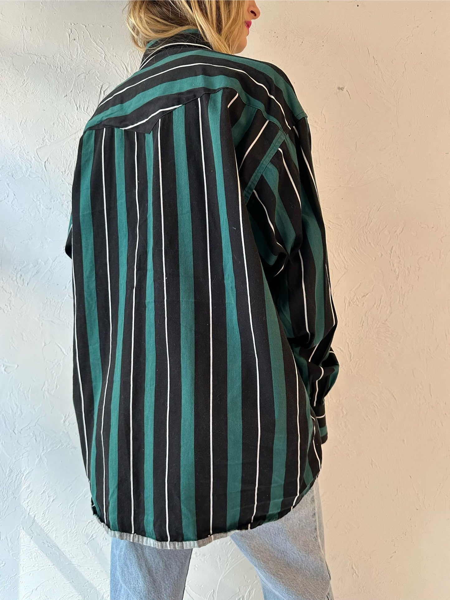 Vintage 'Wrangler' Striped Cotton Western Black Snap Shirt / XL