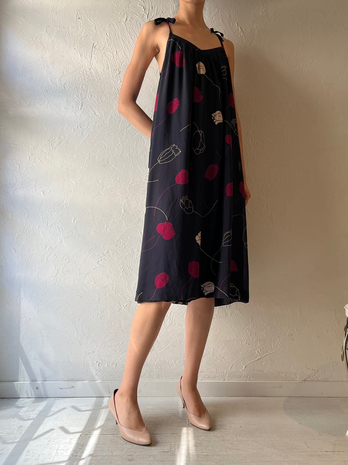 90s 'My Cathalin' Black Floral Retro Baby Doll Summer Dress / Vintage 1990s Grunge Floral Mini Dress /Small - Medium