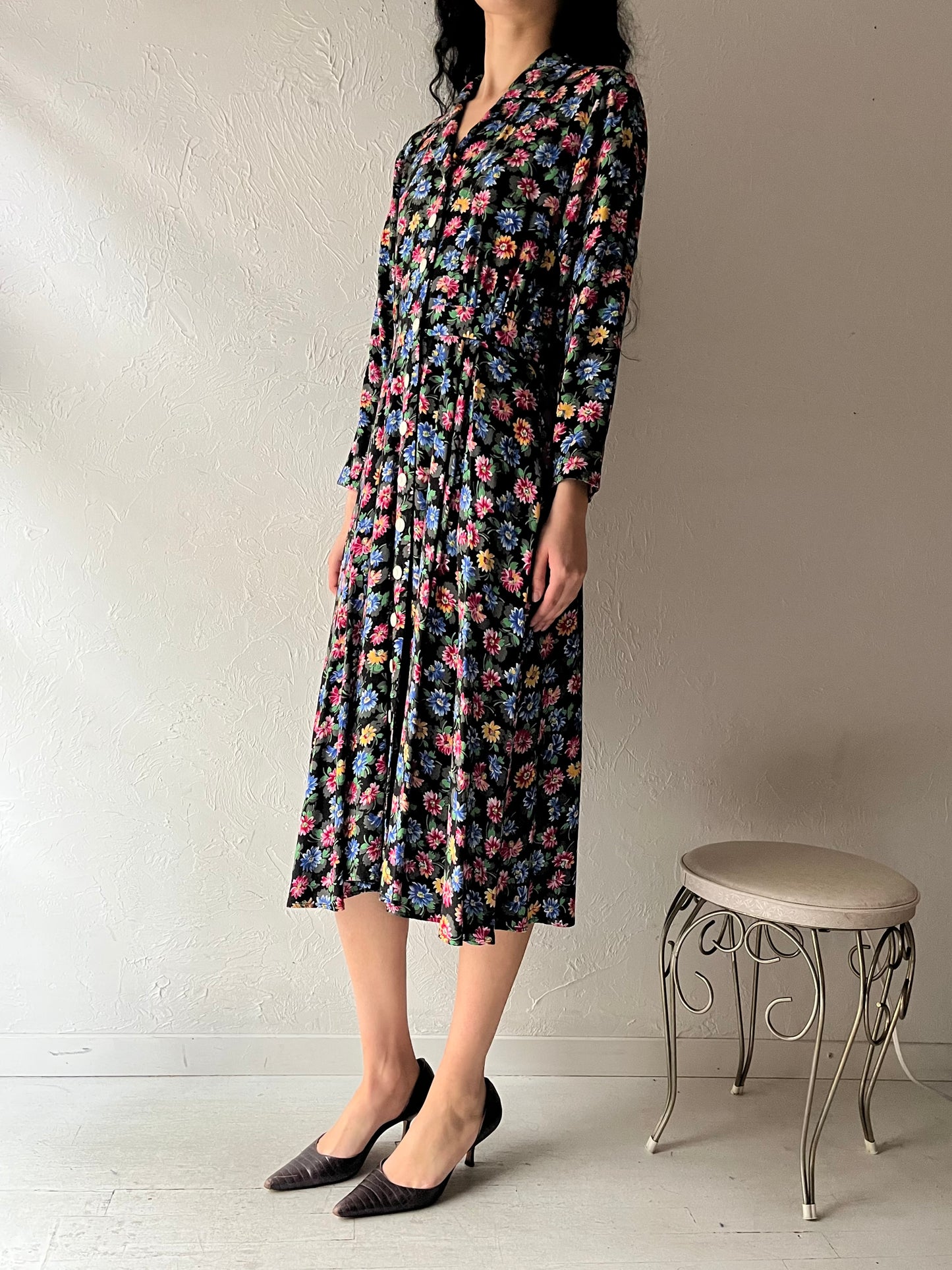 90s 'Liz Claiborne' Long Sleeve Floral Dress / Medium