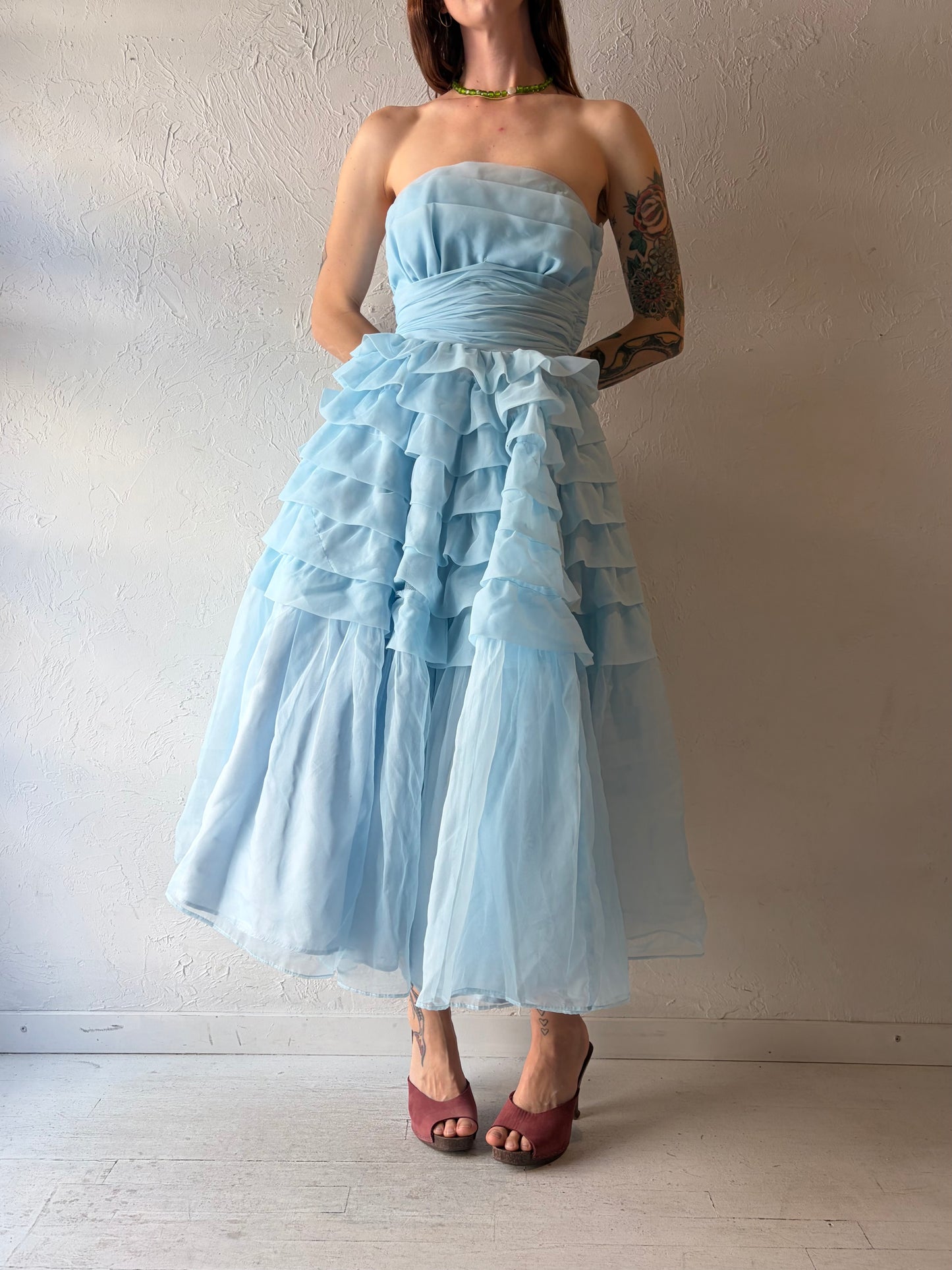 80s Baby Blue Strapless Ruffle Formal Party Dress / XS