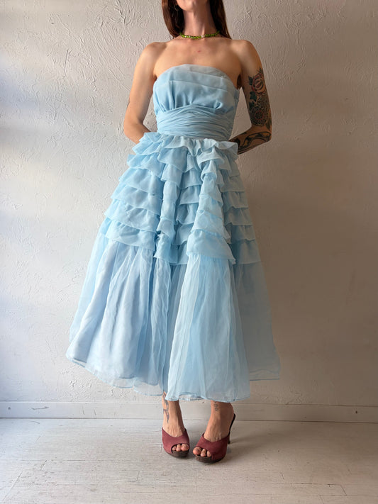 80s Baby Blue Strapless Ruffle Formal Party Dress / XS
