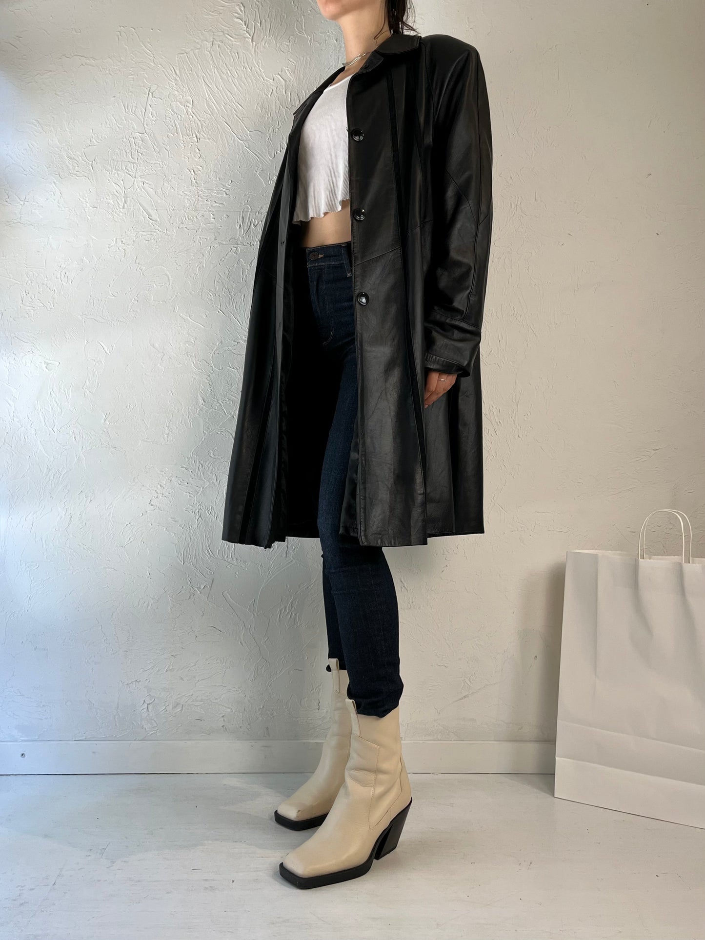 Vintage Soft Black Leather Coat / Medium