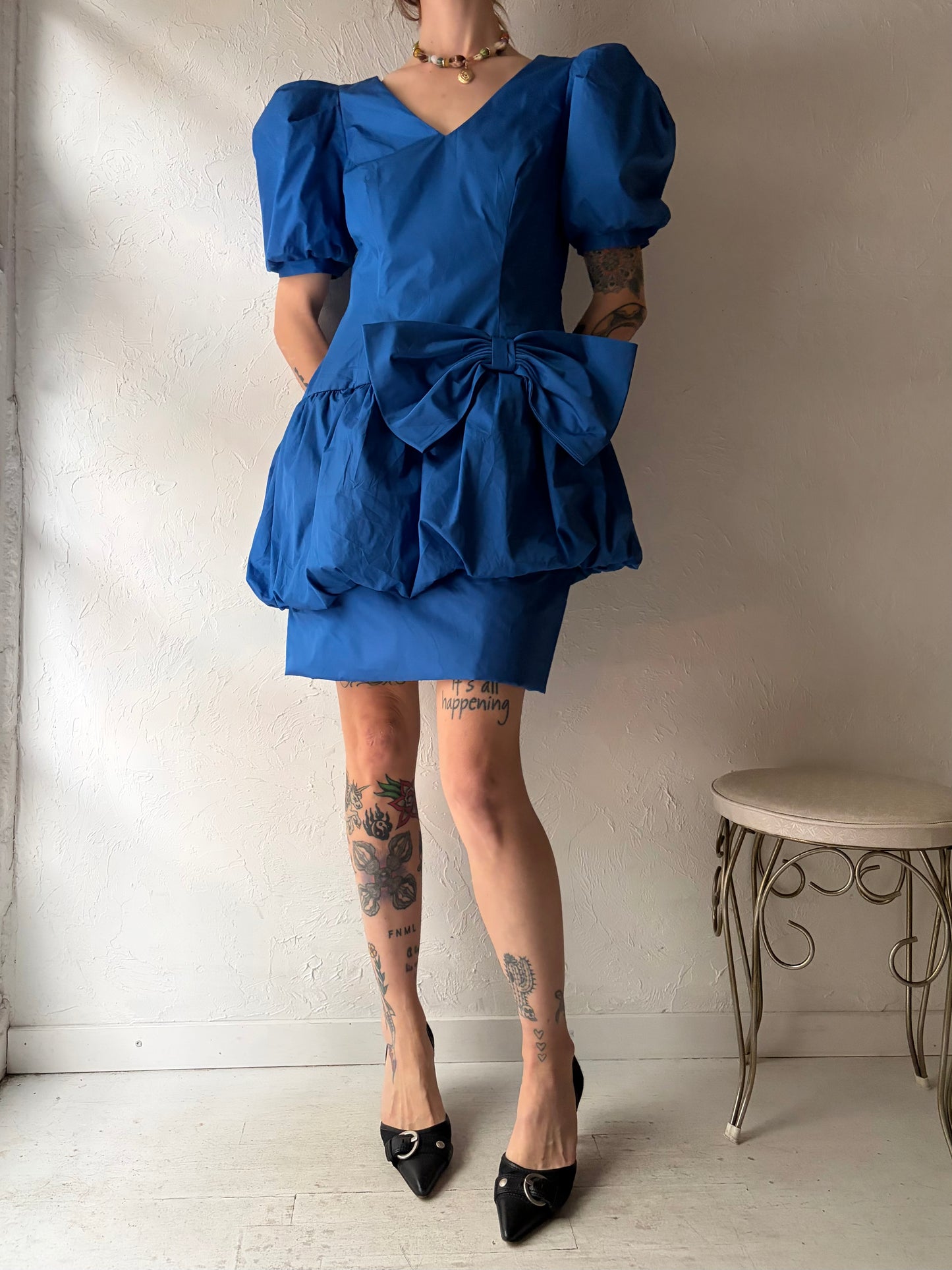 80s 'Nu Mode' Blue Bubble Mini Dress / Medium