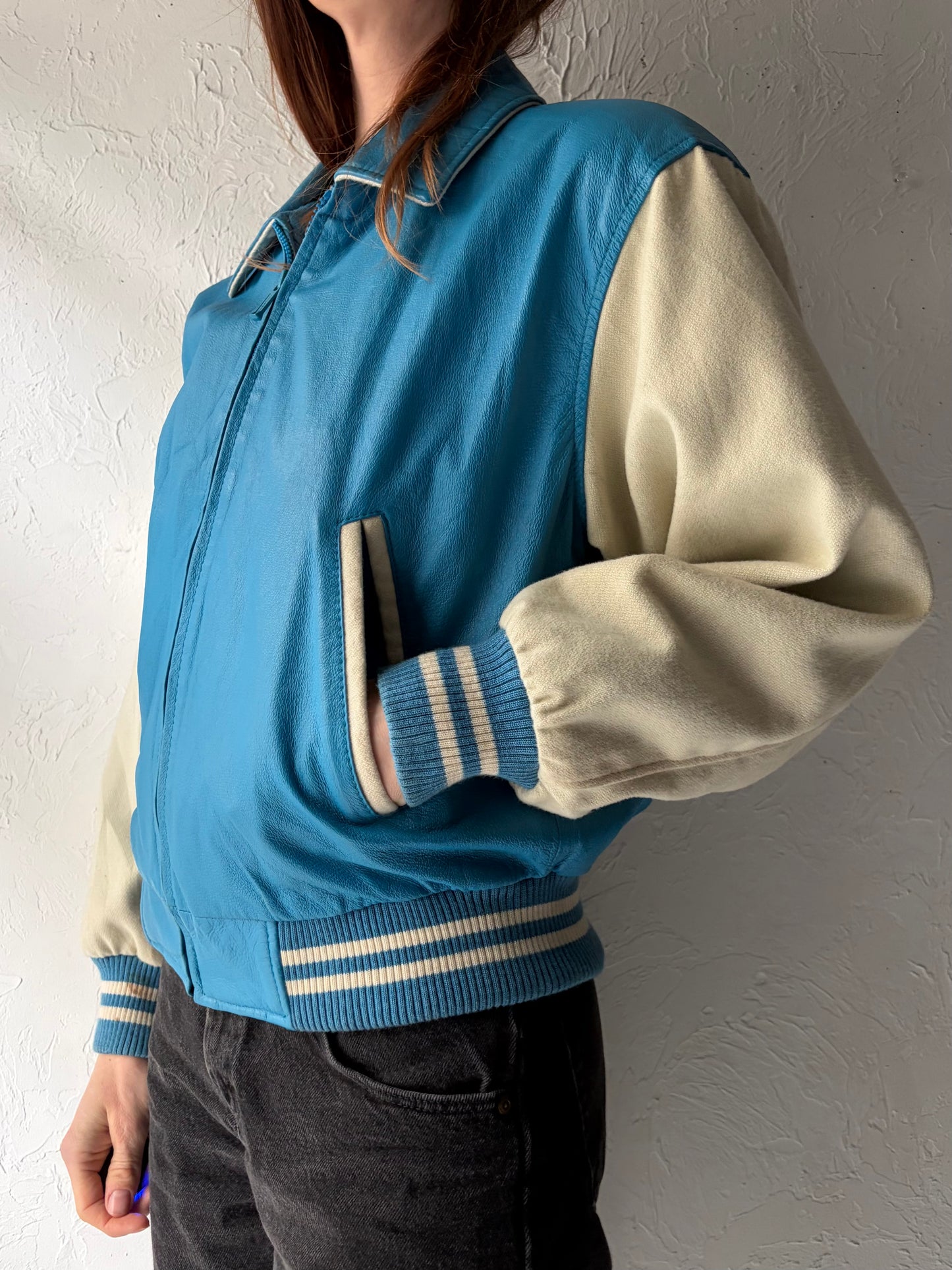 80s 'Wilsons' Blue & White Varsity Leather Bomber Jacket / Vintage 1980s Retro Letterman Style Jacket / XS