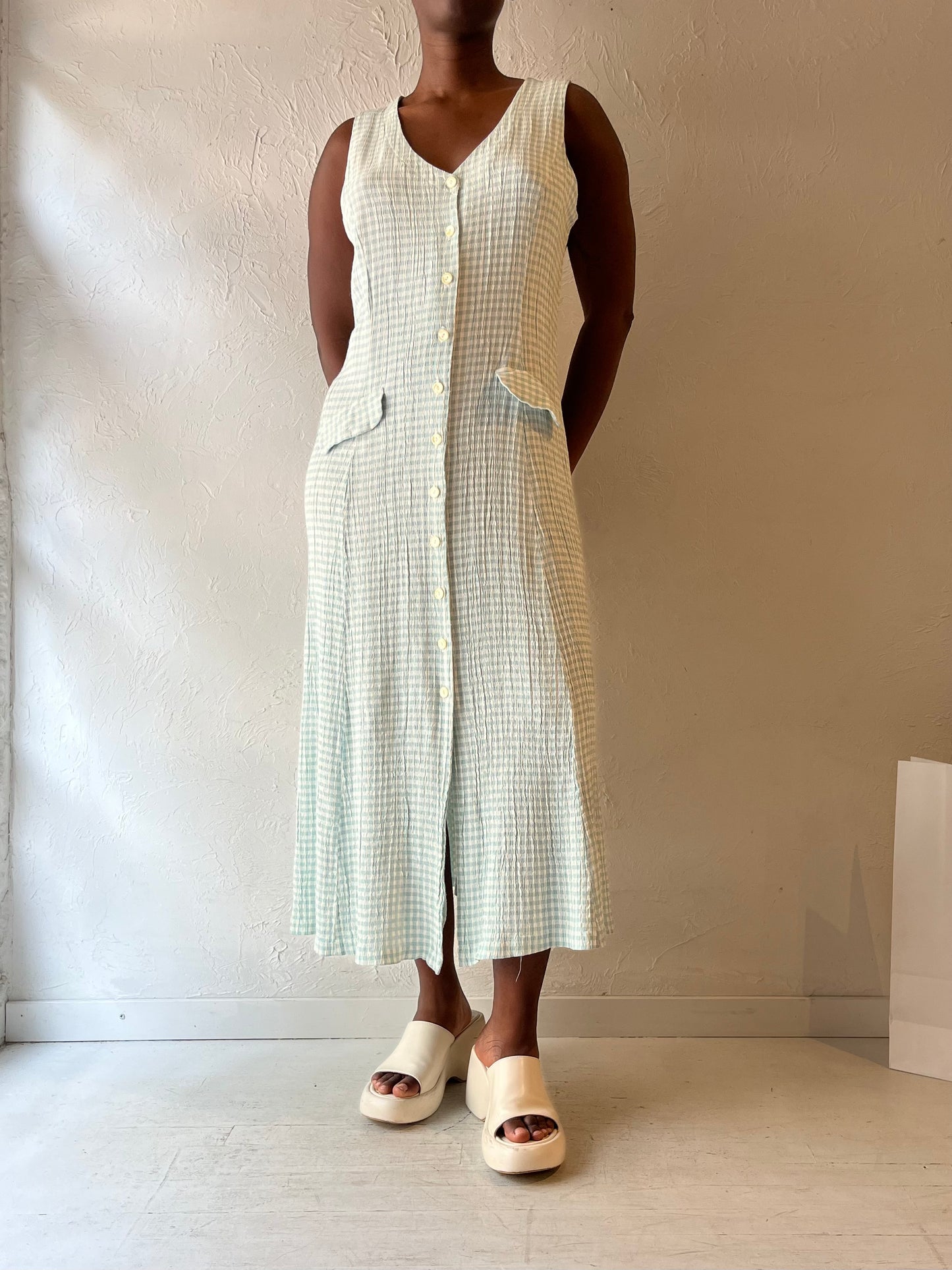 90s 'Clues' Sleeveless Gingham Dress / Medium