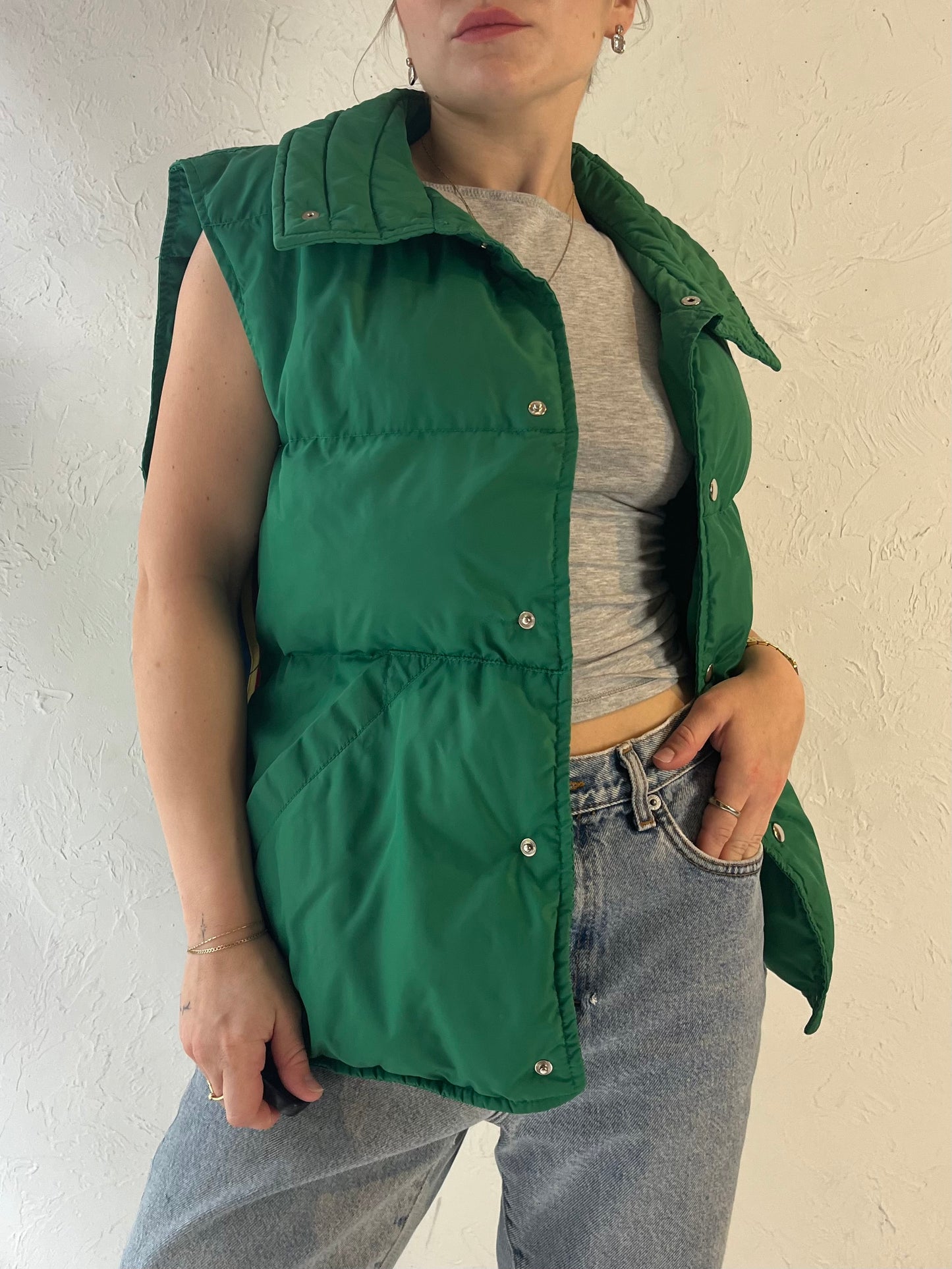 80s 'Topher' Green Quilted Nylon Down Puffer Vest / Large