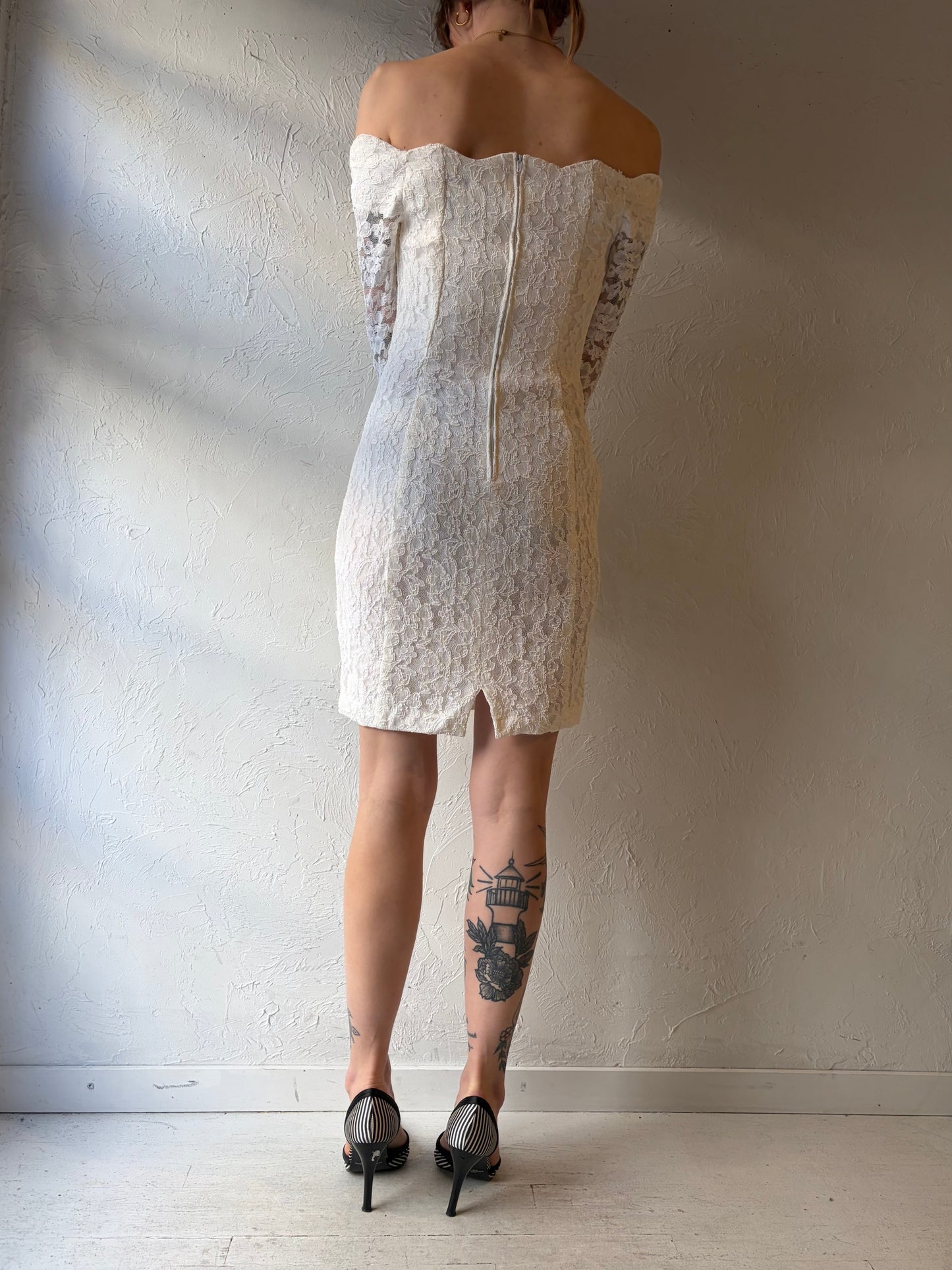 90s 'Onno' White Lace Mini Dress / Small
