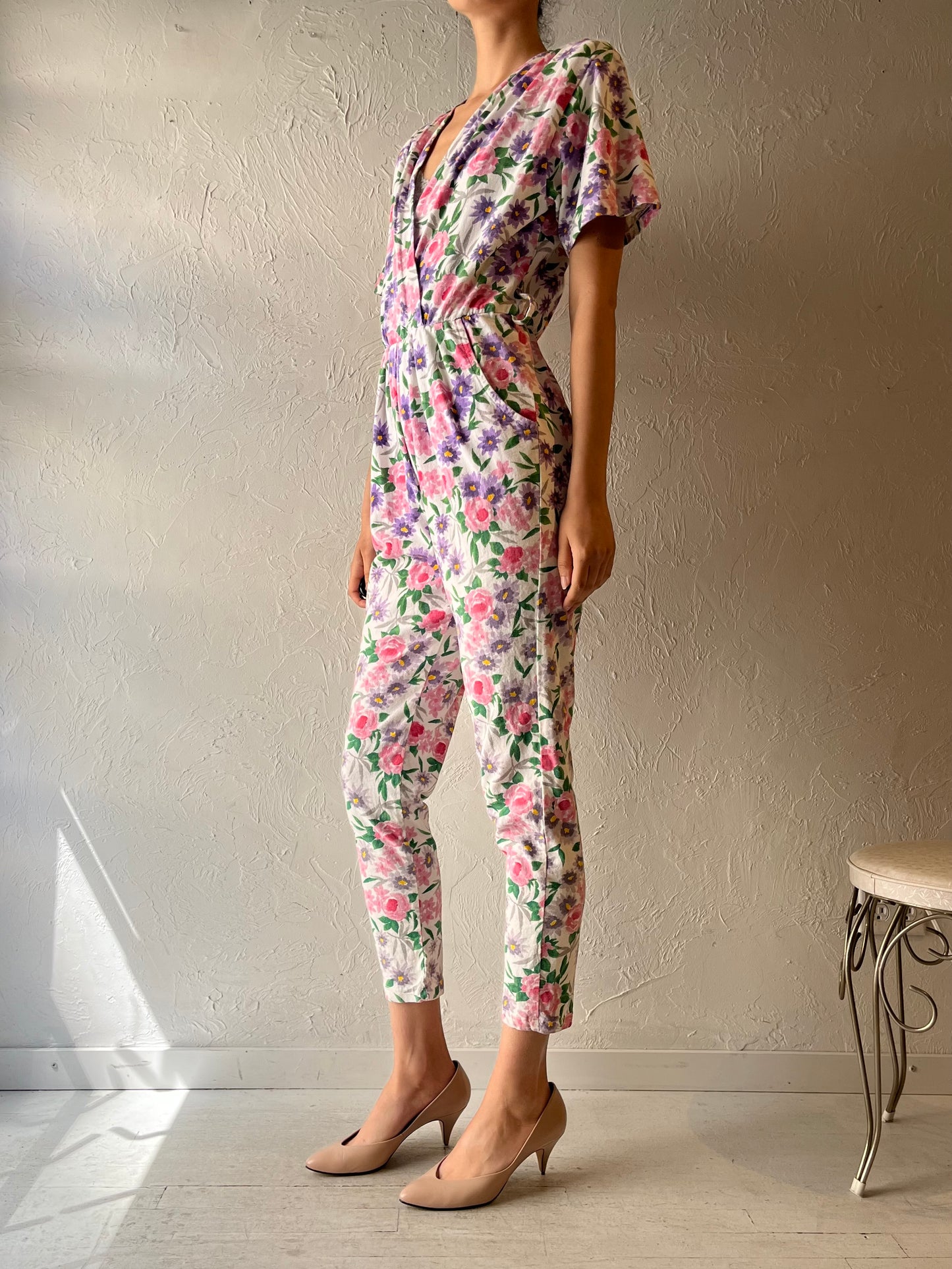80s 'Bridge' Cotton Floral Retro Boho Jumpsuit / Vintage 1980s Cottagecore Summer One Piece / Small - Medium
