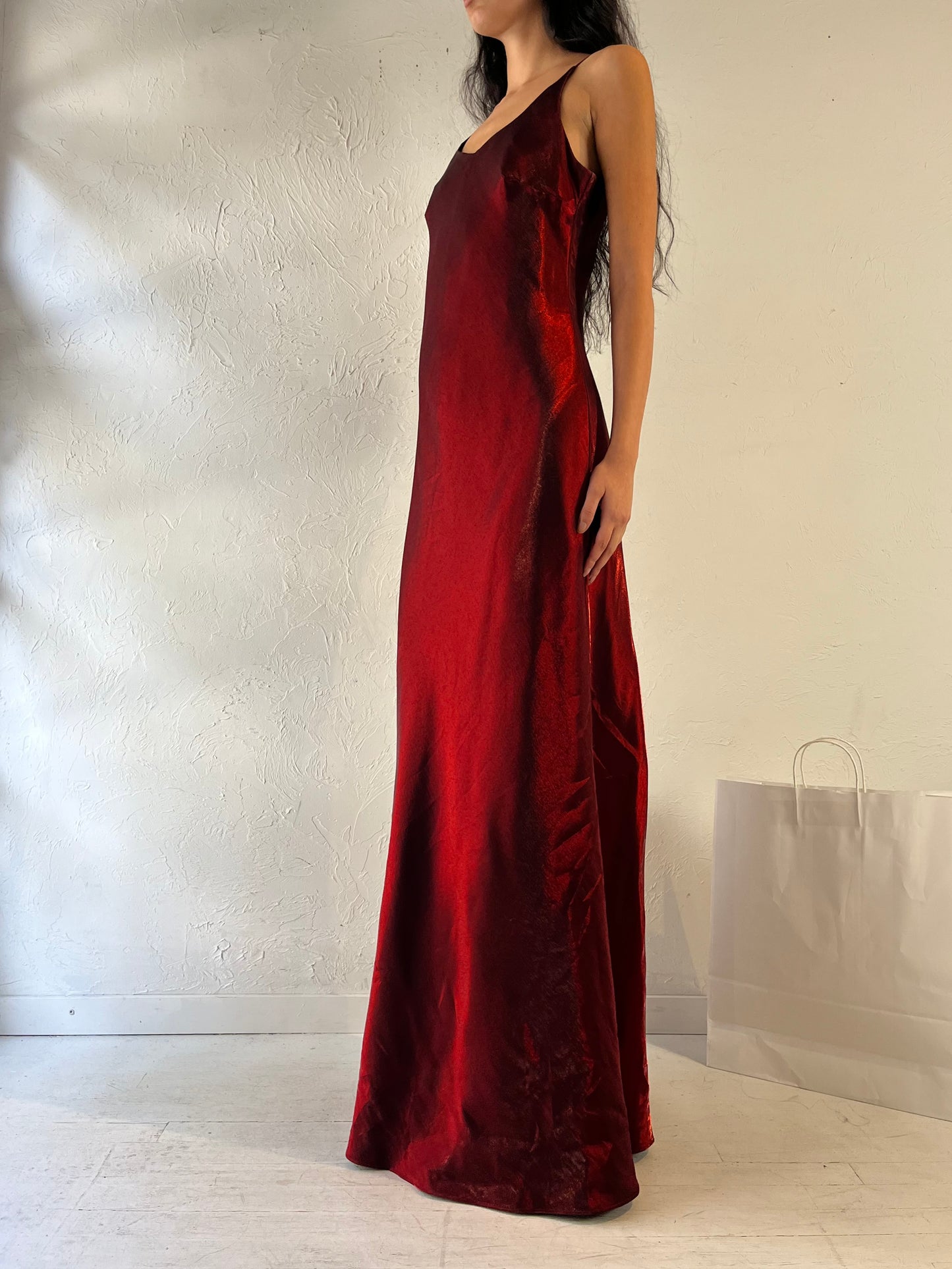 90s 'Jessica' Long Red Shiny Dress Gown / Medium