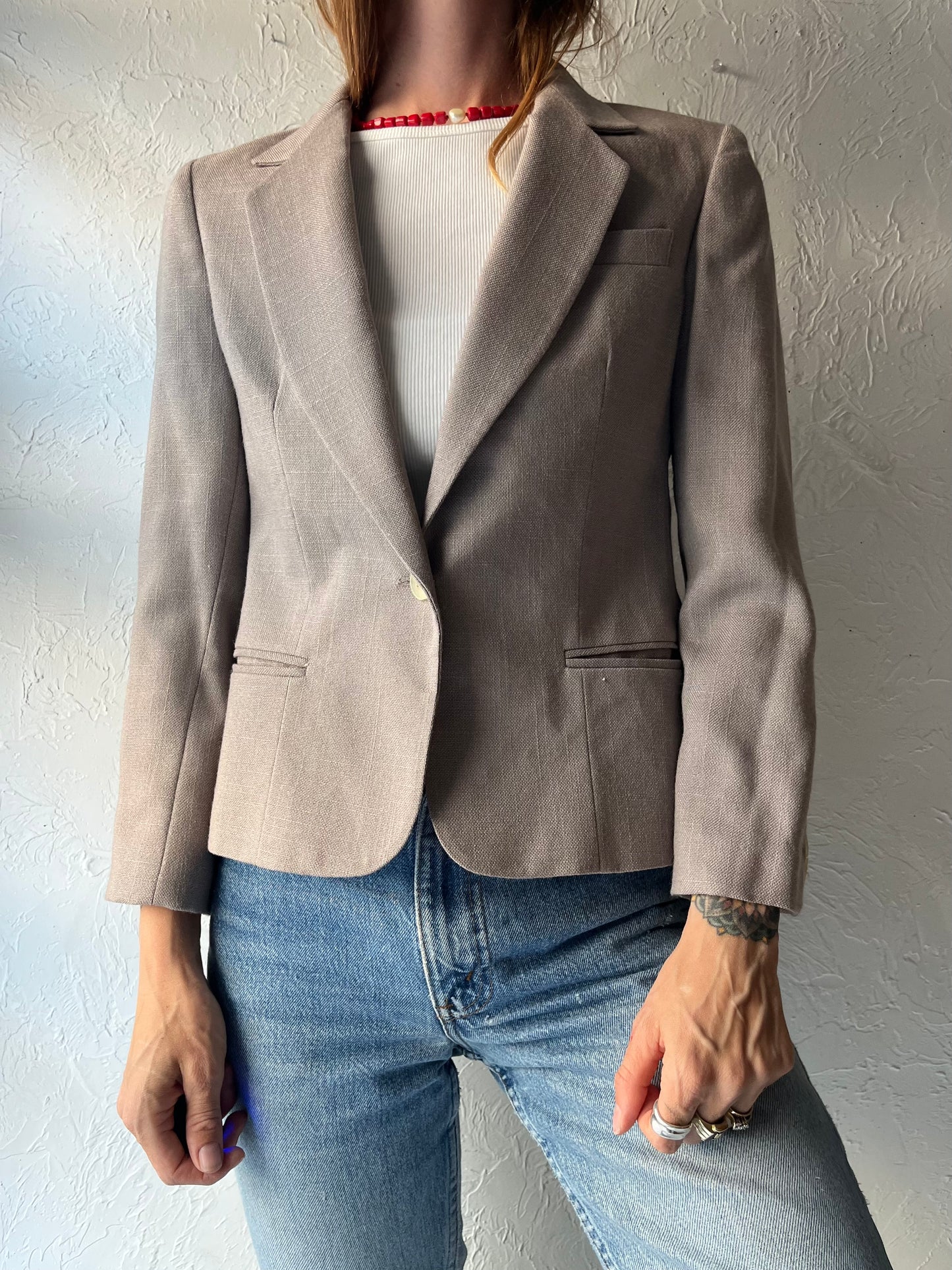 90s 'Saville' Taupe Knit Preppy Academia Minimalist Normcore Blazer Jacket / Small