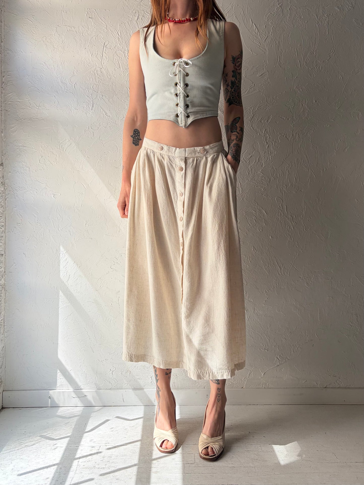 90s 'Editions' Cream Linen Rayon Button Up Skirt / Medium