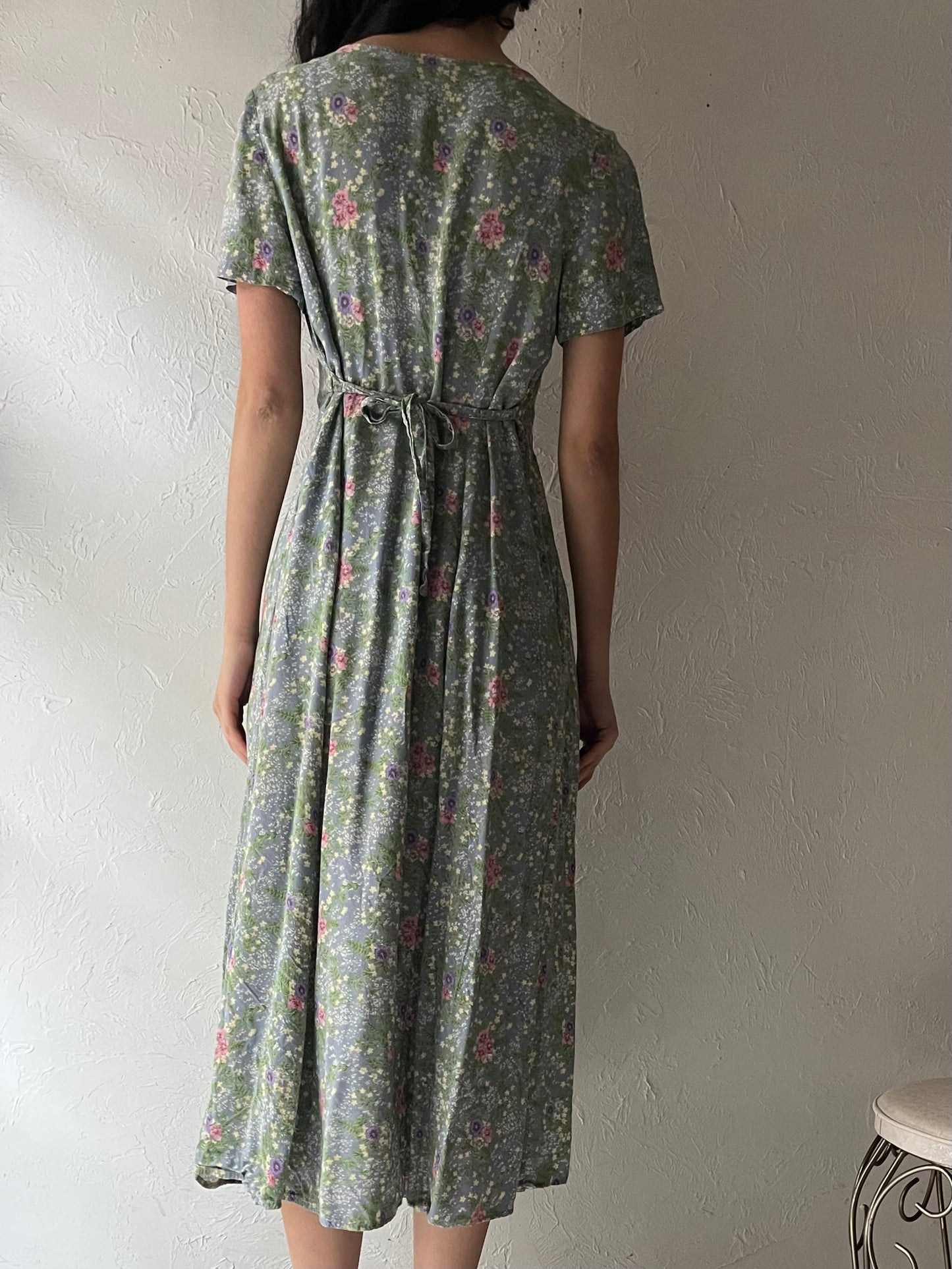 90s 'Chablis' Green Floral Dress / Small