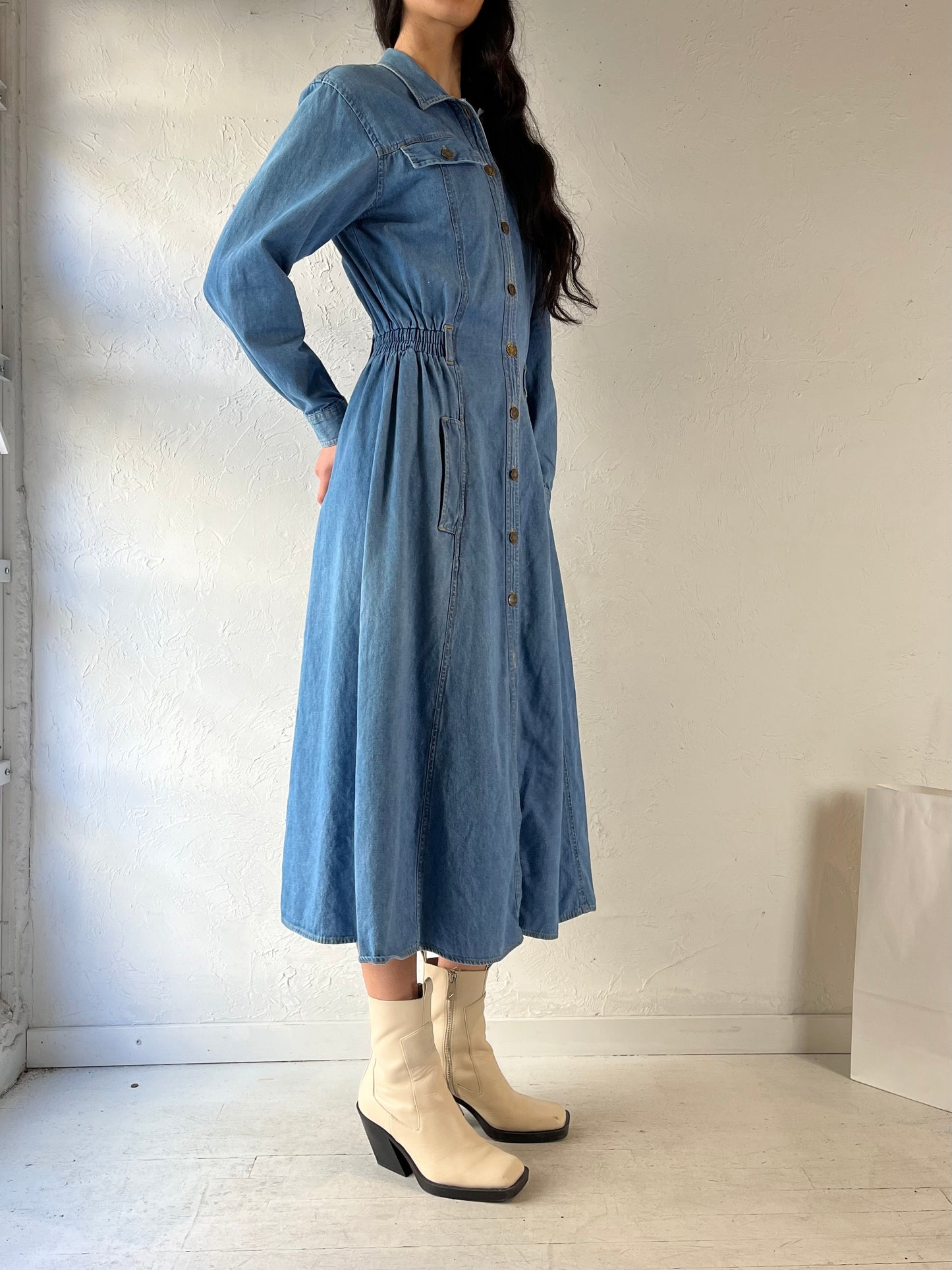 90s ‘SK Wear’ Collared Blue Denim Dress / Medium