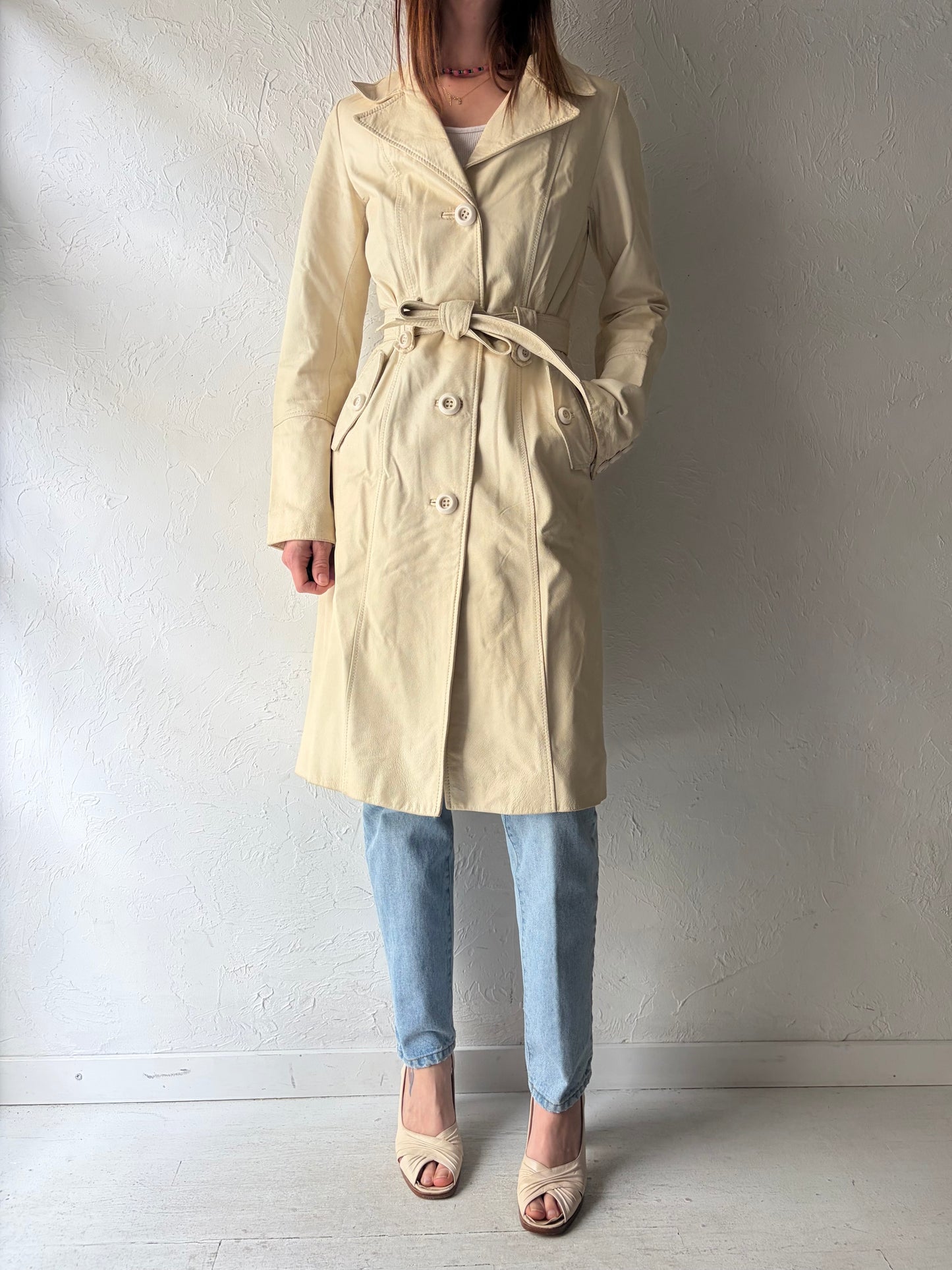 Y2k 'Danier' Cream Mod Leather Trench Coat / Vintage 2000s Minimalist Long Coat / XSmall