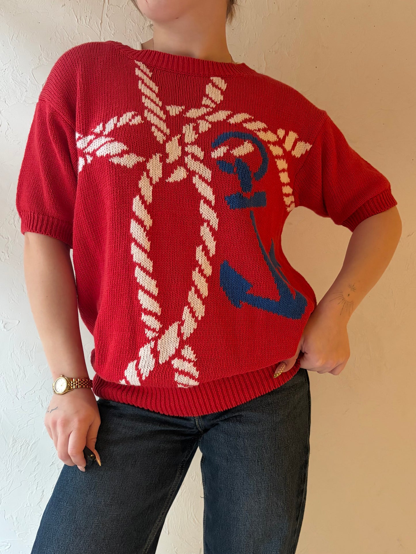 90s ‘Braemar’ Red Nautical Knit T-Shirt / Medium