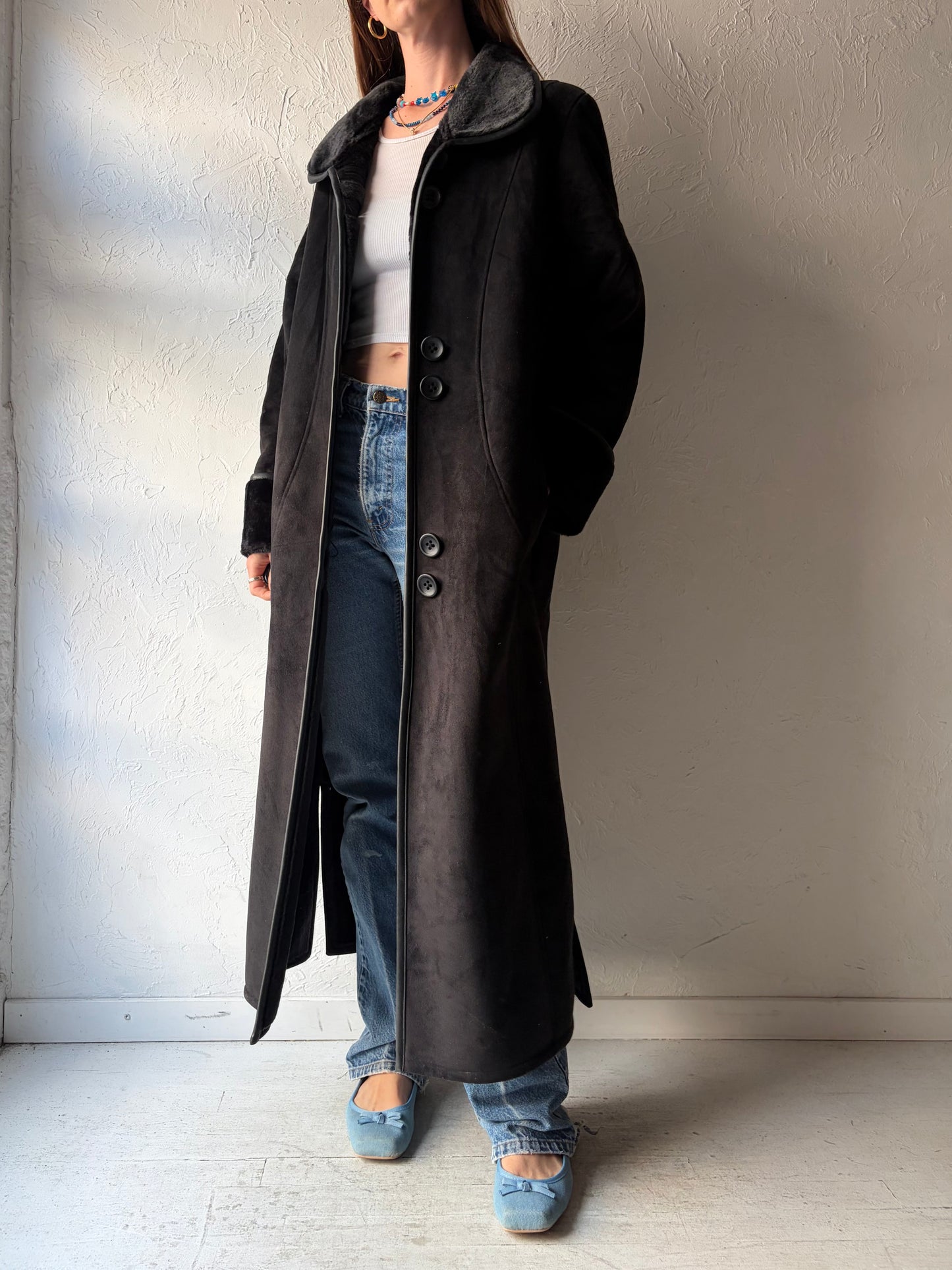 Vintage 'Pizazz' Black Micro Suede Coat / Small