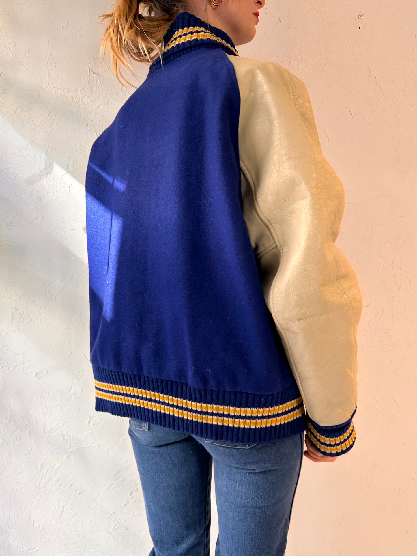 Vintage Beige and Blue Leather Varsity Jacket / Medium