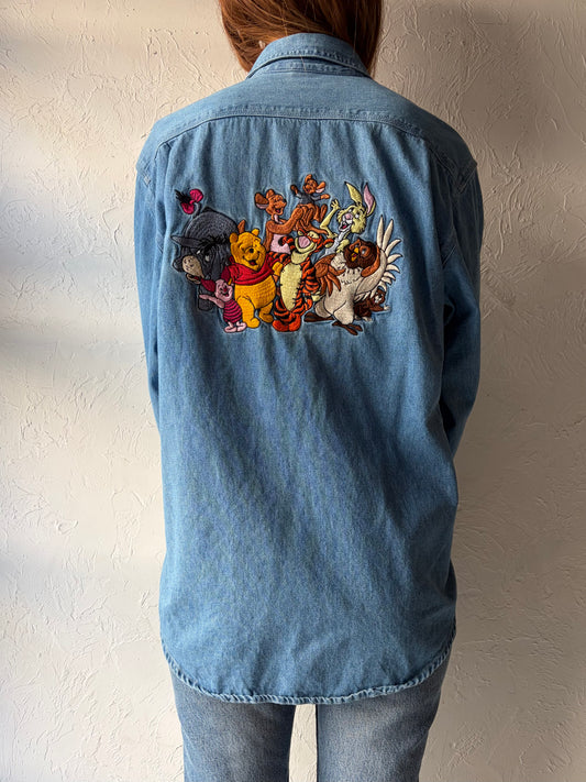 Y2k 'The Disney Store' Denim Normcore Winnie The Pooh Embroidered Cottagecore Button Up Shirt / Small