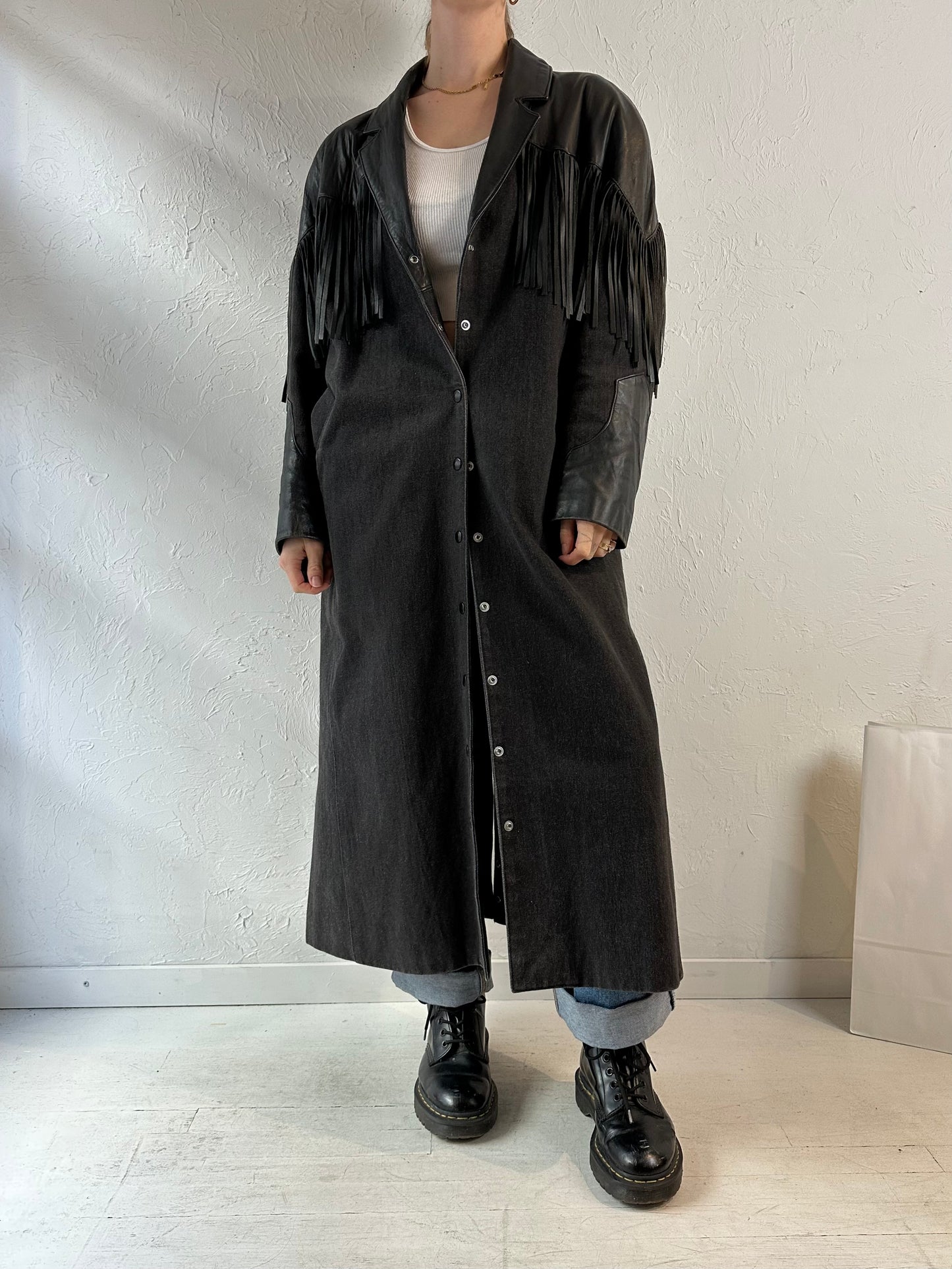 80s 'Diamond' Denim Leather Fringe Coat / Medium