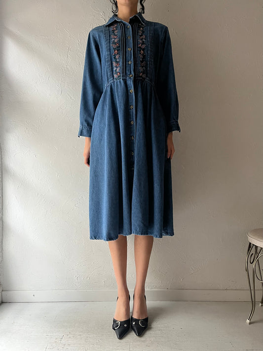 90s 'Talbots' Collared Denim Midi Dress / Small