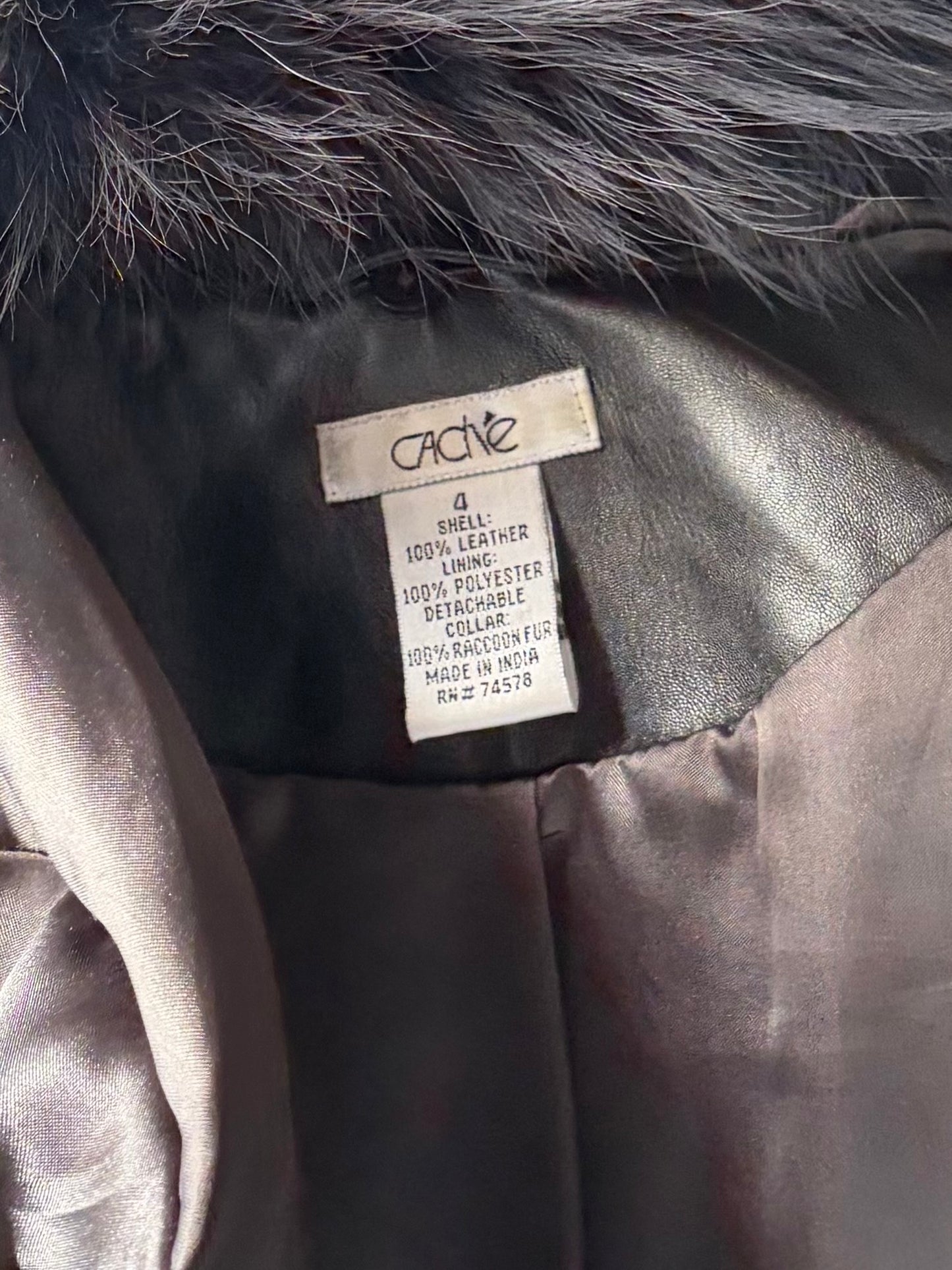 90s 'Cache' Black Mod Leather Jacket with Fur Collar / Small