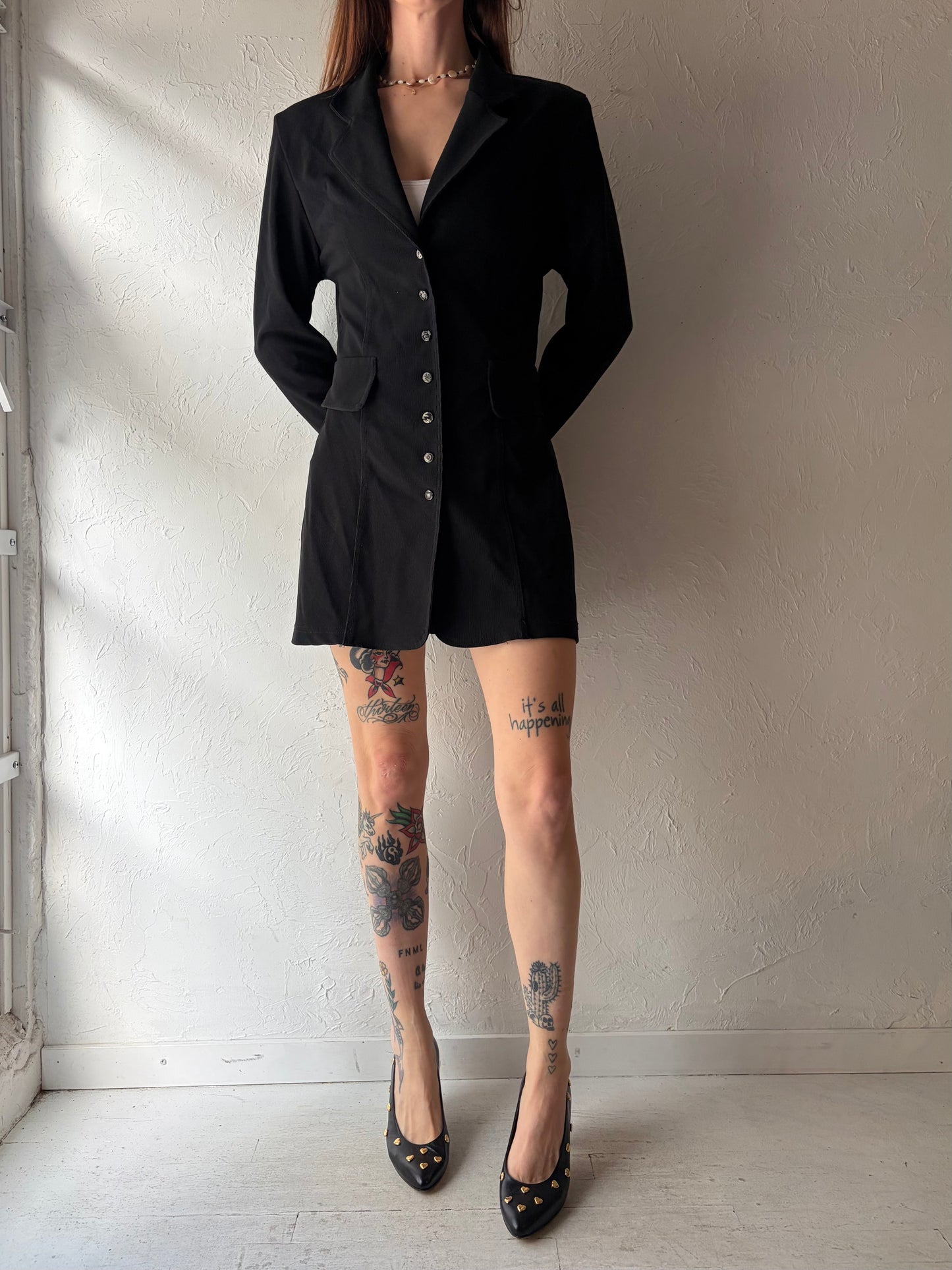 90s 'XOXO' Black Ribbed Knit Micro Mini Blazer Dress / Small