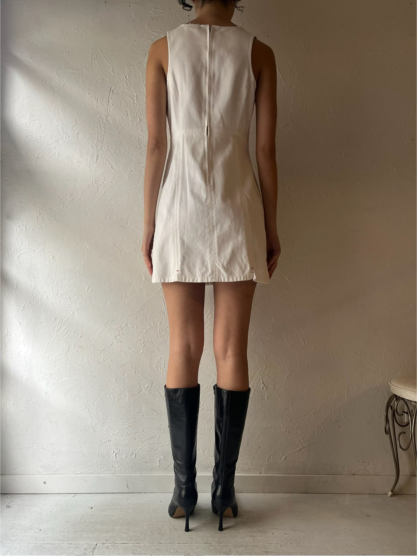 90s 'BWB' White Denim Mini Dress / Small
