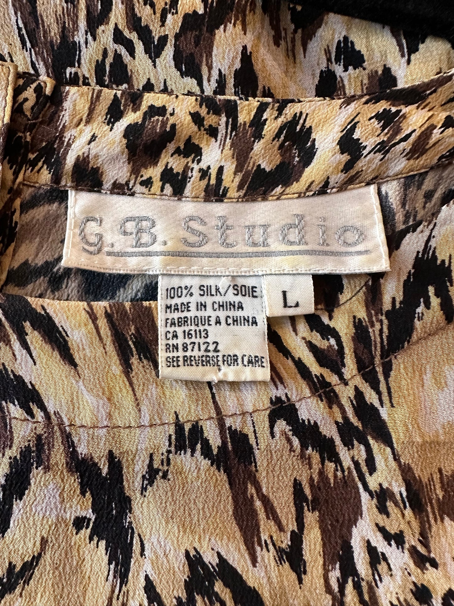 90s 'GB Studio' Leopard Print Silk Top / Large