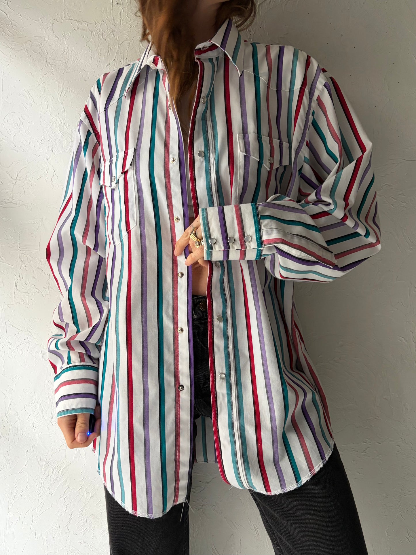 80s 'Wrangler' Stripped Western Pearl Snap Shirt / Vintage 1980s Cowboy Workwear Shirt / Large