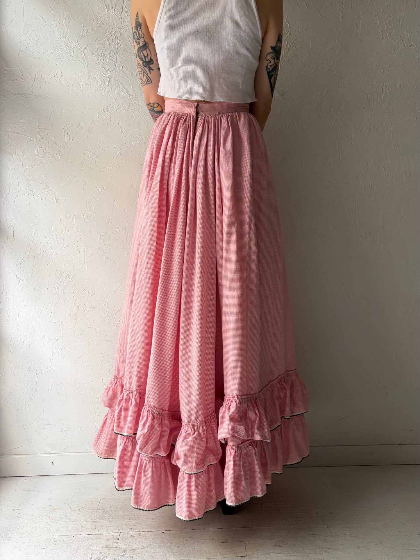 60s / 70s Handmade Pink Gingham Peasant Maxi Skirt / XSmall