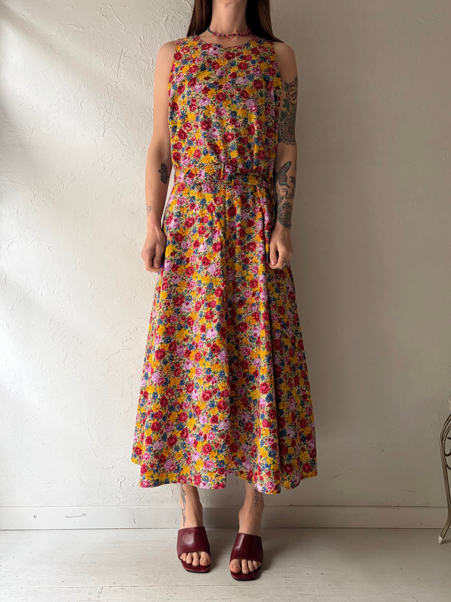 90s 'Fairset' Cotton Floral Spring Dress / Large