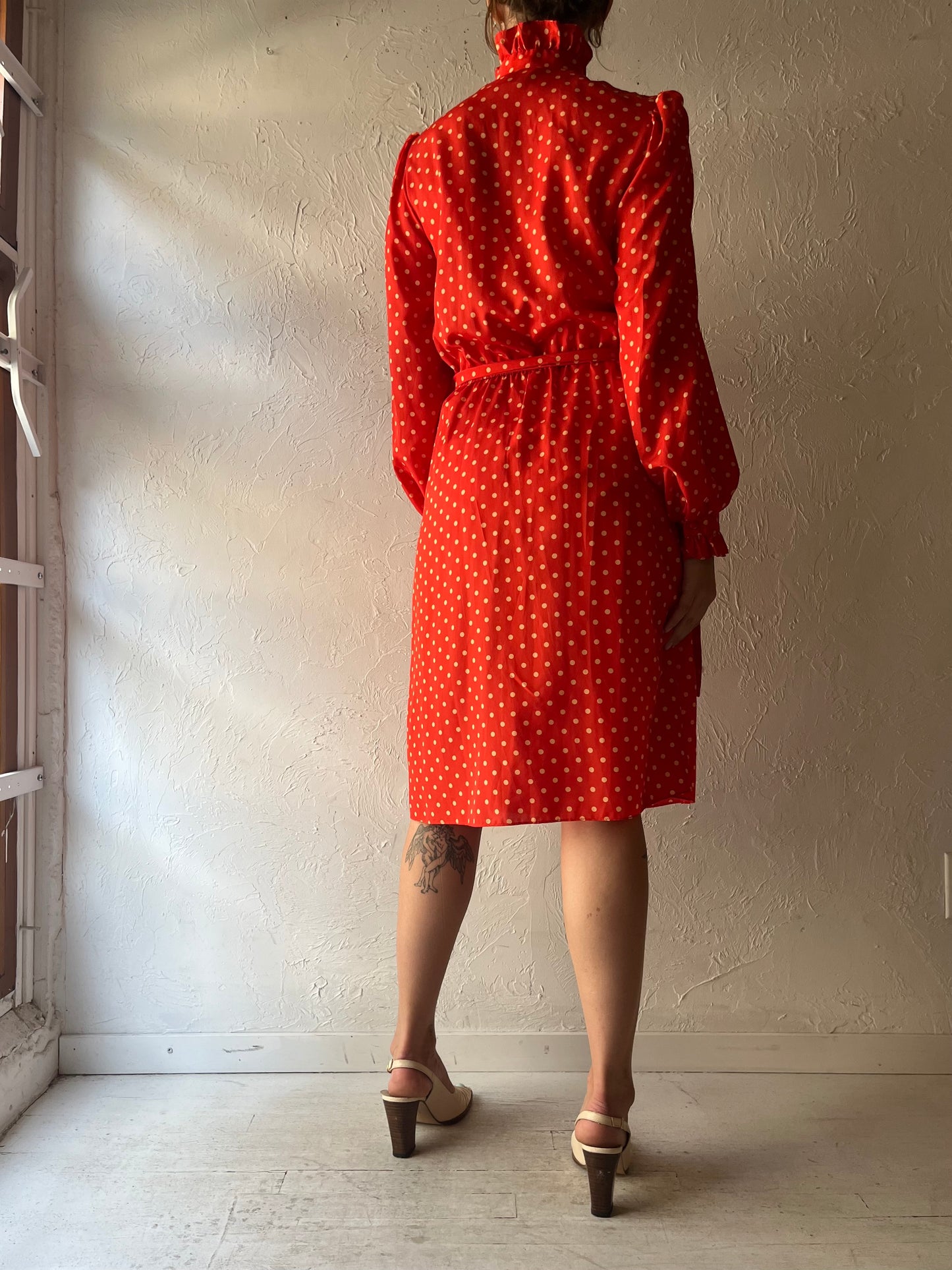 80s 'Benee' Red Polka Dot Long Sleeve Casual Midi Spring Dress / Medium