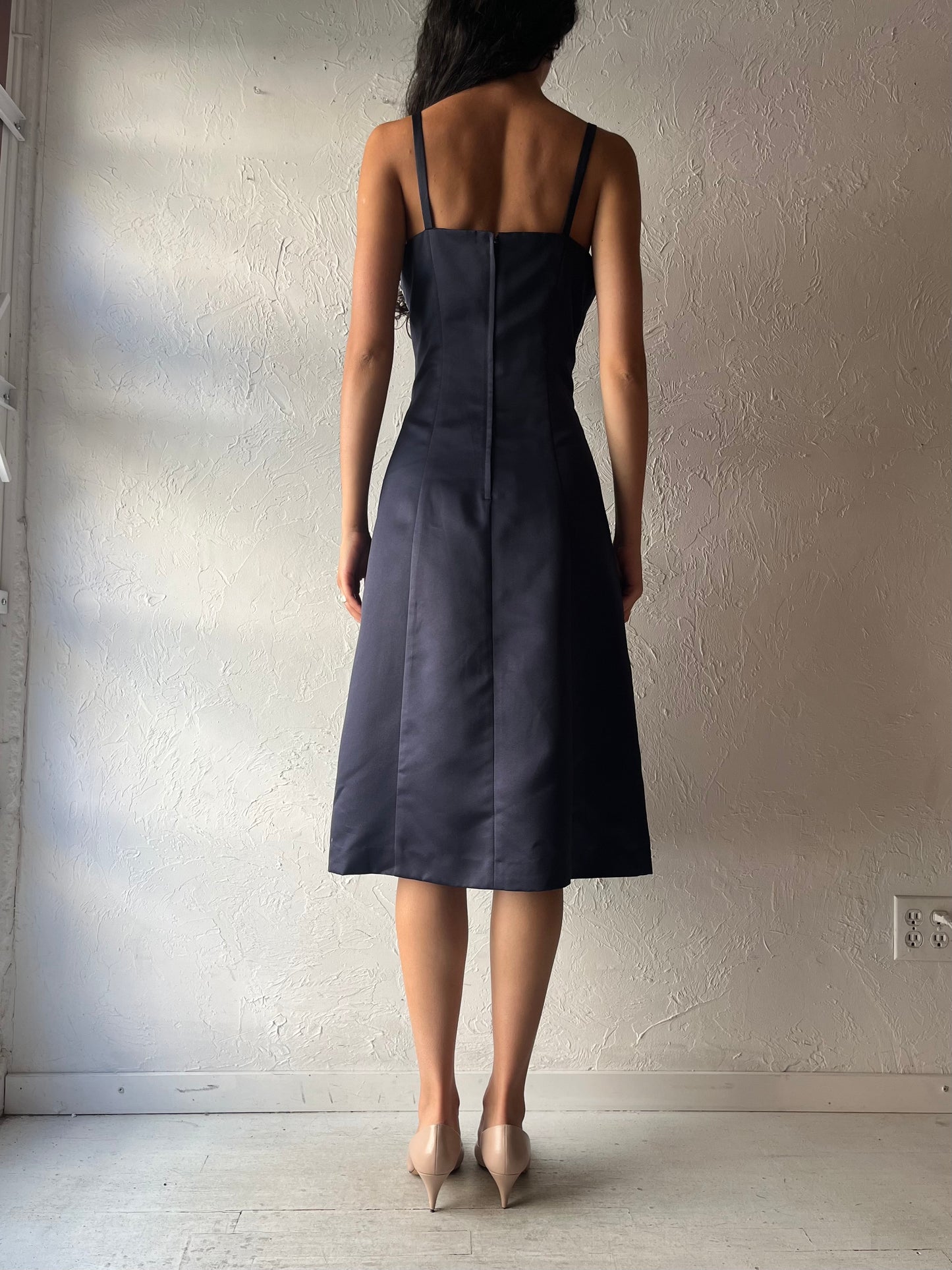Y2k 'Alex Hanson' Navy Blue Floral Embroidered Formal Party Midi Dress / Medium