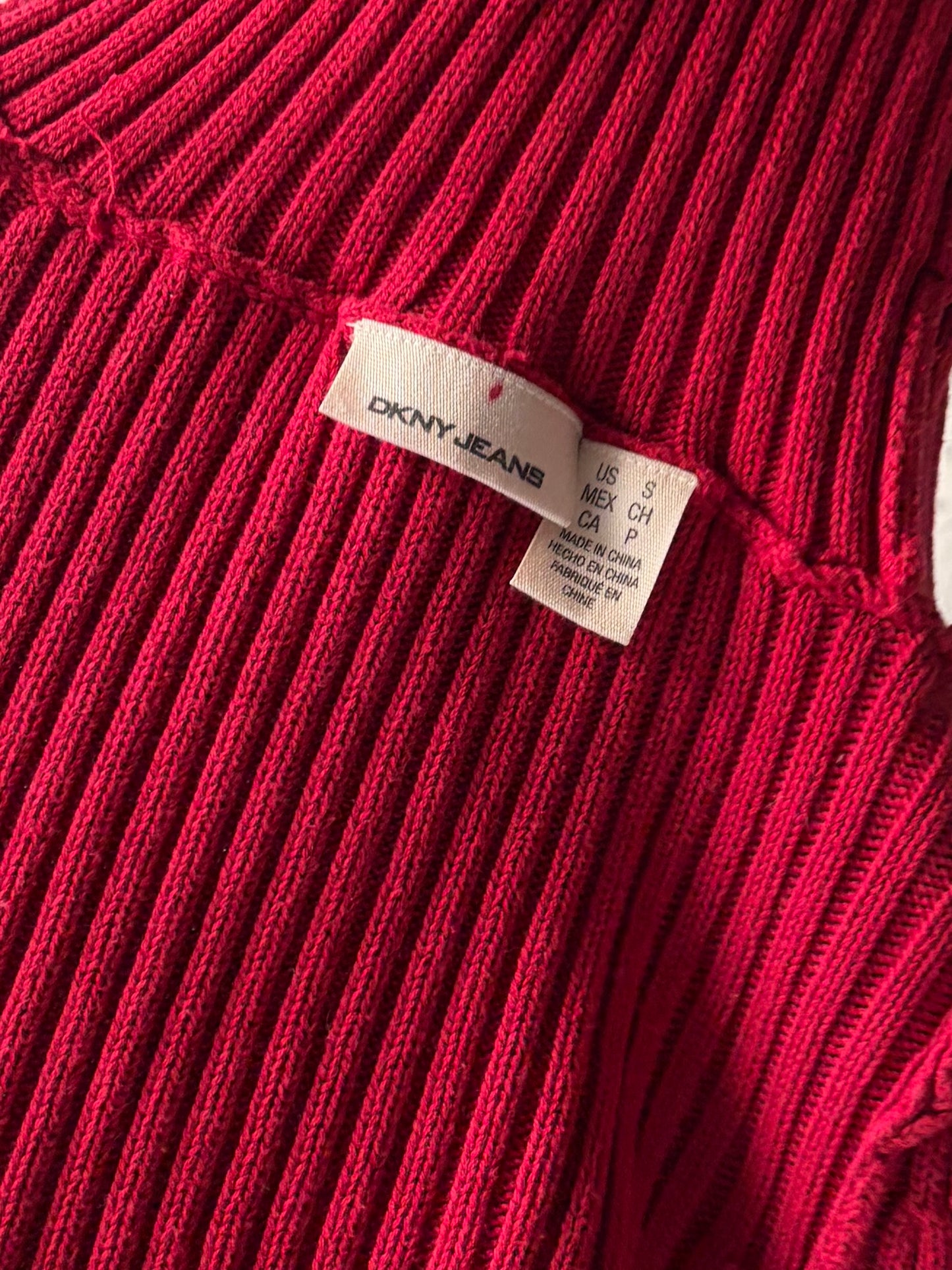 Y2k 'DKNY' Red Cotton Knit Trutle Neck Rhinestone Sweater / Small