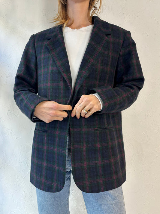 90s 'Requirements' Blue Plaid Blazer Jacket / Medium - Large