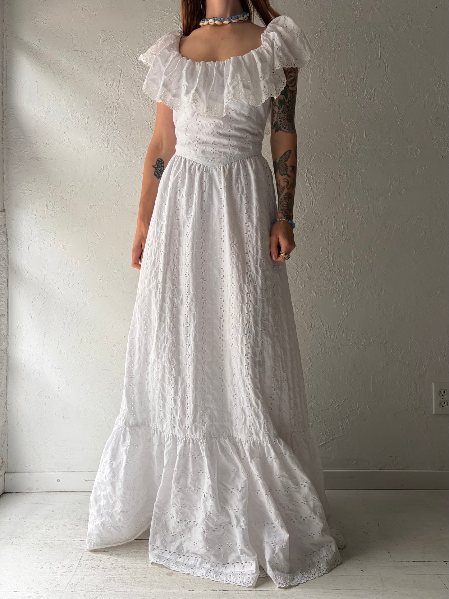 Vintage White Cotton Prairie Eyelet Dress / Medium