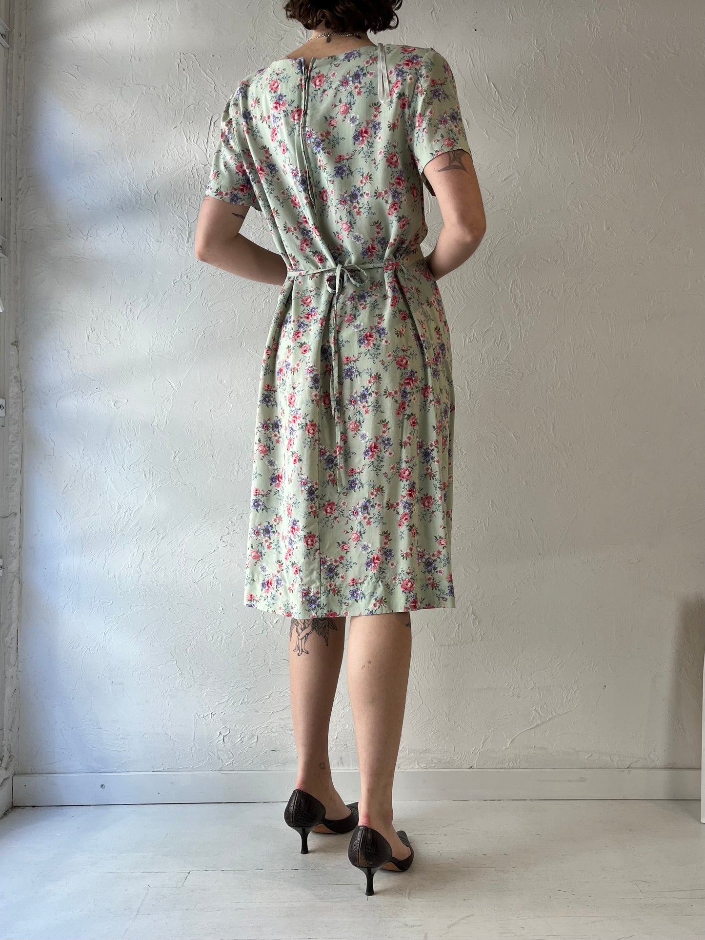 90s 'R&K' Green Floral Rayon Midi Dress / Large