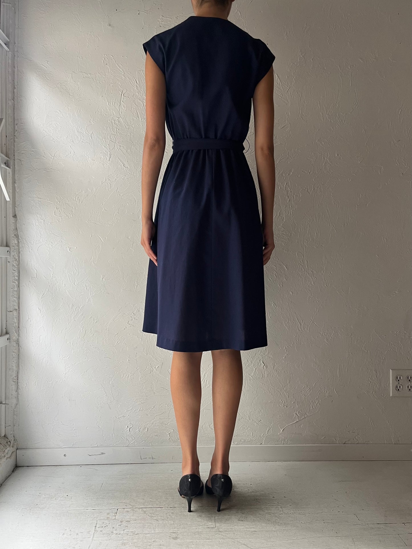 70s 'Mr Suli' Navy Blue V Neck Midi Dress / Small