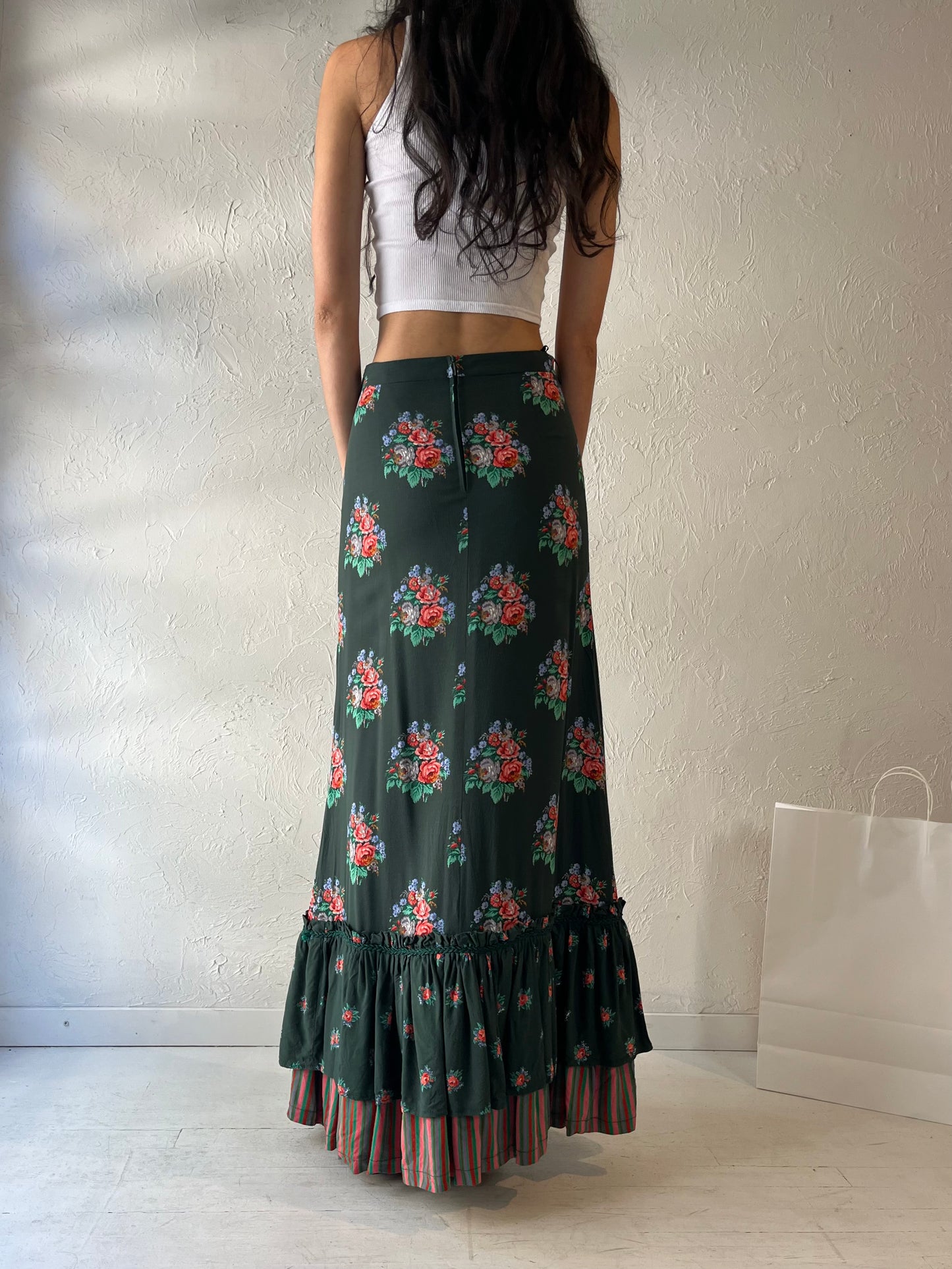 90s 'Ralph' Green Floral Maxi Skirt / Small