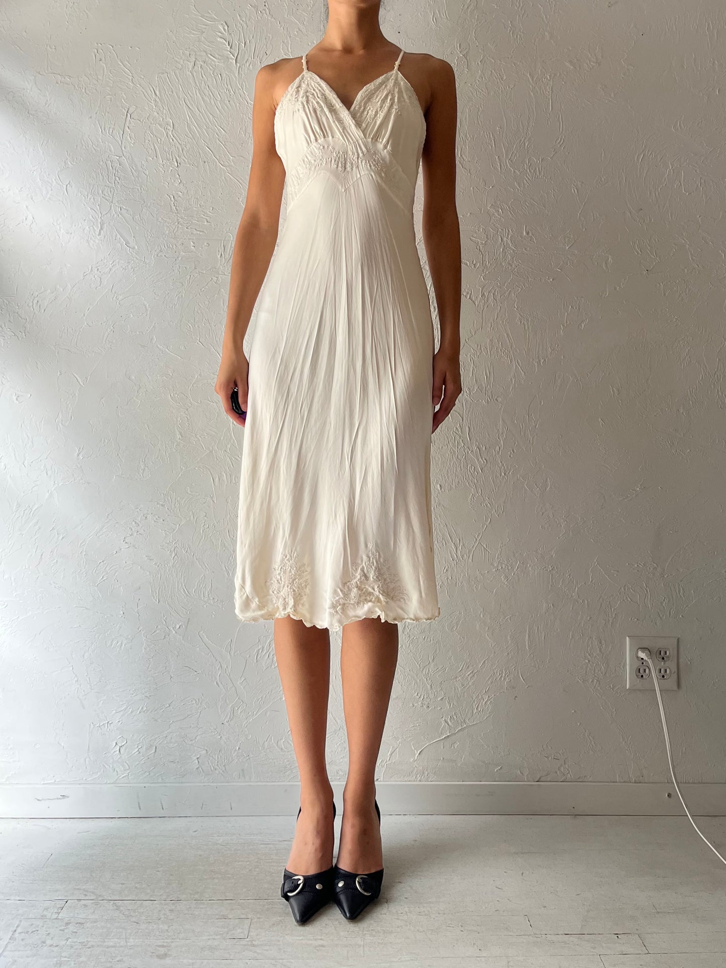 Vintage White Embroidered Romantic Boho Bridal Slip Dress / Cottagecore Prairie Summer Midi Dress / Small