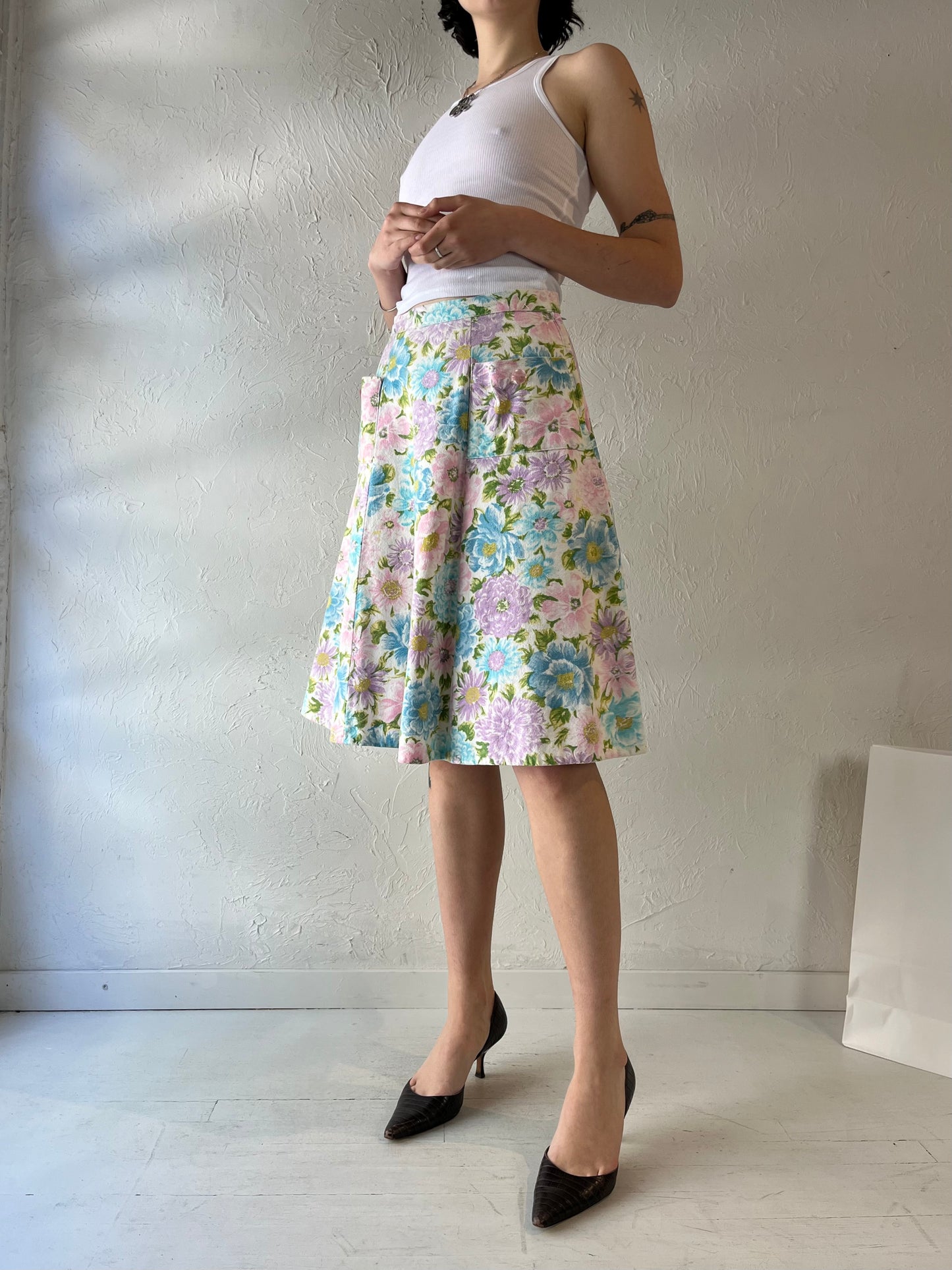 Vintage Handmade Pastel Floral Midi Skirt / Small