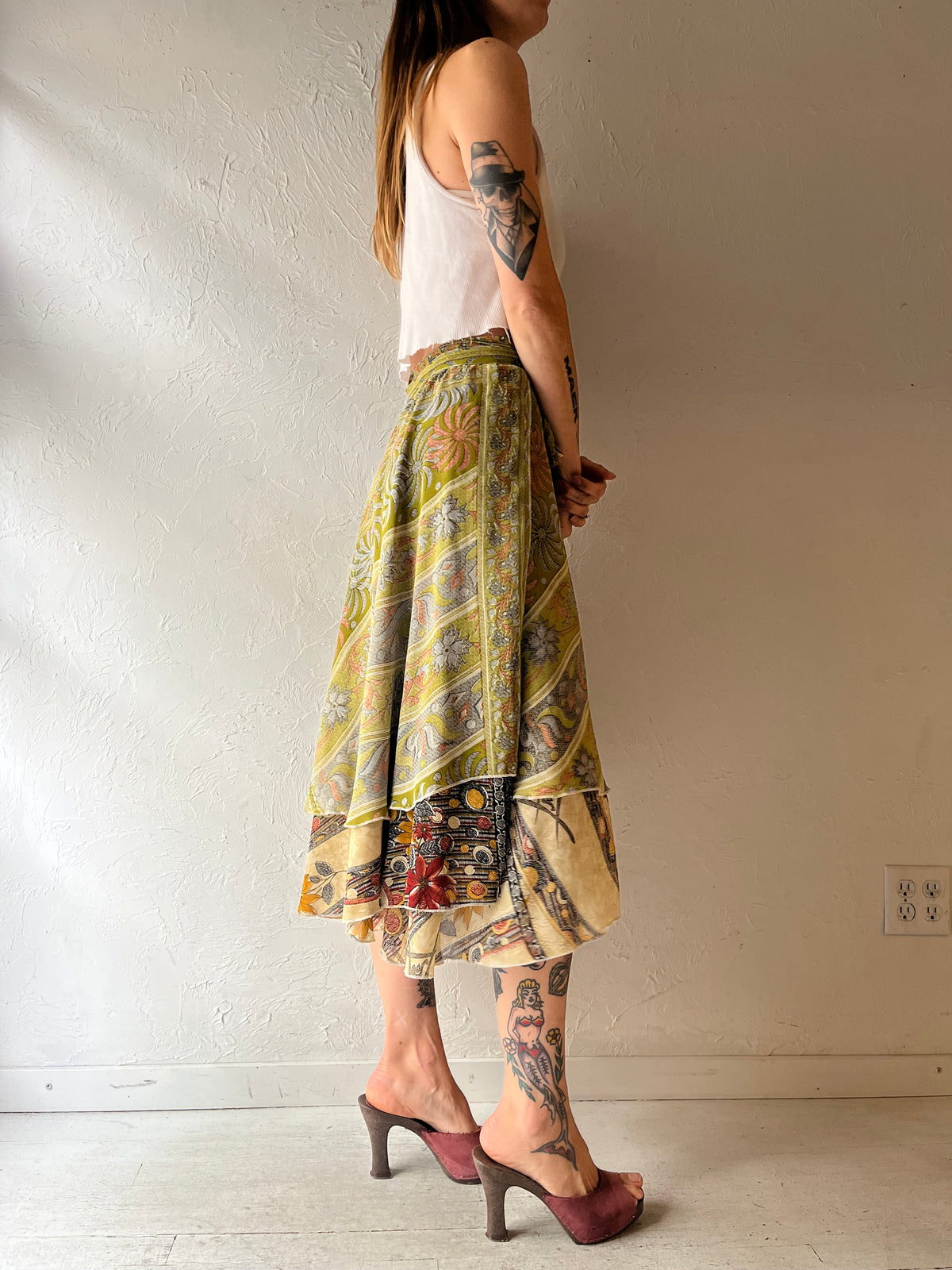 Vintage Y2k Green Floral Silk Hippie Boho Fairycore Wrap Summer Midi Skirt / Small - Medium