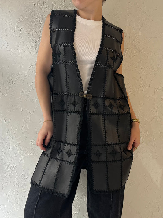 Vintage Black Crochet Faux Leather Vest / Medium